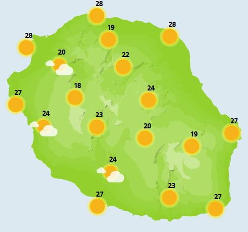 MERCREDI 17  Après une matinée agréable et très ensoleillée, des développements nuageux se forment le long des pentes avec de faibles extensions avant la mi-journée. Dans l'après-midi, de rares averses peuvent se développer sur les hauteurs de l'Ouest. Les sommets au-dessus de 1500m demeurent au soleil toute la journée. Globalement, c'est  une belle et agréable journée qui nous attends en ce milieu de semaine. Les températures restent élevées pour la saison avec 29 à 31°C sur le littoral, 24 à 27°C dans les cirques et 21 à 22°C au Volcan et au Maïdo. Le vent de secteur Est est faible à modéré sur les côtes Nord et Sud exposées. Les brises sont majoritaires de la Pointe des Galets à Saint-Pierre en passant par Saint-Leu. La mer est peu agitée à localement agitée au vent.