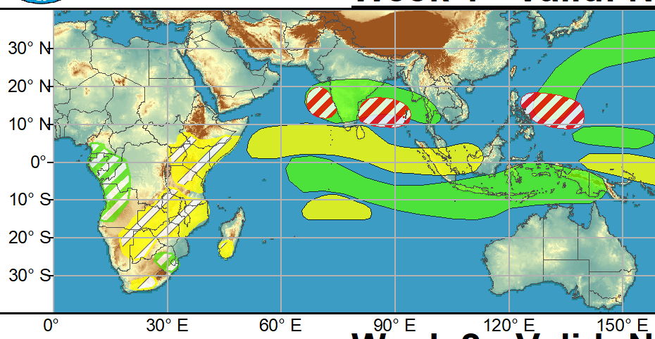 Tropical cyclone (TC) activity has been generally quiet across the globe. The only new system in the past week was Tropical Cyclone 04B, which developed over the Bay of Bengal on 11/11 and impacted southern India. Although the system was weak, the heavy rainfall associated with this system exacerbated ongoing severe flooding across southern India and Sri Lanka. Given the enhanced convective mode across the region, additional rainfall is likely to continue over these areas with a slight northward shift in the heaviest rainfall forecast in the near term, with the highest accumulations favored over the states of Andhra Pradesh and Karnataka, and relatively drier conditions over Sri Lanka. There is moderate confidence in TC development across both the Bay of Bengal and the eastern Arabian Sea during the next week, with considerable ensemble support from the ECMWF and GEFS. Any potential system that develops over the Bay of Bengal would likely take a west to northwest track into India, further increasing flooding concerns.  Over the western Pacific, a moderate confidence for TC development is indicated across the Philippine Sea during week-1, with the potential system forecast to weaken as it approaches the northern Philippines. Subtropical development is also possible across the far north Atlantic, in the vicinity of the Azores, although confidence is too low to include an associated risk area on today’s graphic given the uncertainty and the time of year. No areas of TC development are highlighted during week-2 throughout the globe. NOAA. Tropical cyclone (TC) activity has been generally quiet across the globe. The only new system in the past week was Tropical Cyclone 04B, which developed over the Bay of Bengal on 11/11 and impacted southern India. Although the system was weak, the heavy rainfall associated with this system exacerbated ongoing severe flooding across southern India and Sri Lanka. Given the enhanced convective mode across the region, additional rainfall is likely to continue over these areas with a slight northward shift in the heaviest rainfall forecast in the near term, with the highest accumulations favored over the states of Andhra Pradesh and Karnataka, and relatively drier conditions over Sri Lanka. There is moderate confidence in TC development across both the Bay of Bengal and the eastern Arabian Sea during the next week, with considerable ensemble support from the ECMWF and GEFS. Any potential system that develops over the Bay of Bengal would likely take a west to northwest track into India, further increasing flooding concerns.  Over the western Pacific, a moderate confidence for TC development is indicated across the Philippine Sea during week-1, with the potential system forecast to weaken as it approaches the northern Philippines. Subtropical development is also possible across the far north Atlantic, in the vicinity of the Azores, although confidence is too low to include an associated risk area on today’s graphic given the uncertainty and the time of year. No areas of TC development are highlighted during week-2 throughout the globe. NOAA.