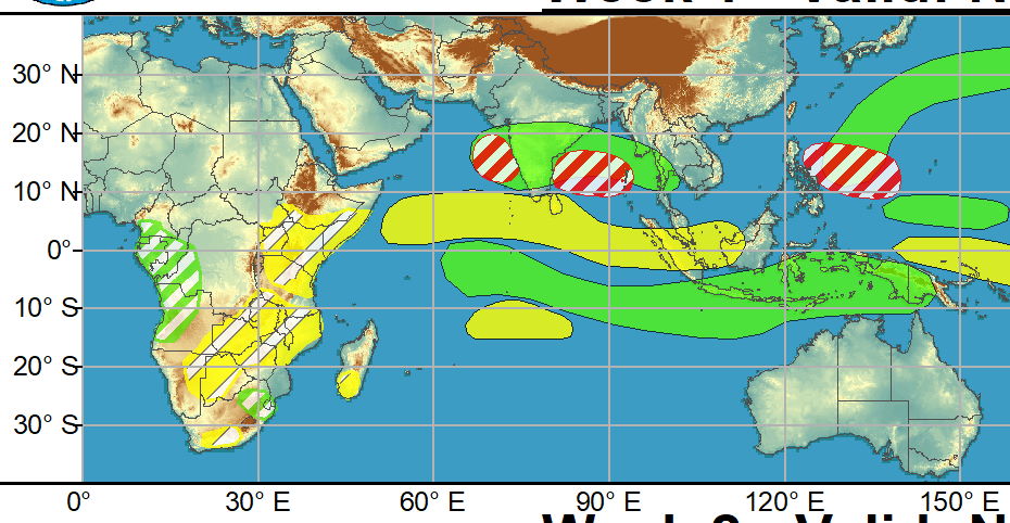 Tropical cyclone (TC) activity has been generally quiet across the globe. The only new system in the past week was Tropical Cyclone 04B, which developed over the Bay of Bengal on 11/11 and impacted southern India. Although the system was weak, the heavy rainfall associated with this system exacerbated ongoing severe flooding across southern India and Sri Lanka. Given the enhanced convective mode across the region, additional rainfall is likely to continue over these areas with a slight northward shift in the heaviest rainfall forecast in the near term, with the highest accumulations favored over the states of Andhra Pradesh and Karnataka, and relatively drier conditions over Sri Lanka. There is moderate confidence in TC development across both the Bay of Bengal and the eastern Arabian Sea during the next week, with considerable ensemble support from the ECMWF and GEFS. Any potential system that develops over the Bay of Bengal would likely take a west to northwest track into India, further increasing flooding concerns.  Over the western Pacific, a moderate confidence for TC development is indicated across the Philippine Sea during week-1, with the potential system forecast to weaken as it approaches the northern Philippines. Subtropical development is also possible across the far north Atlantic, in the vicinity of the Azores, although confidence is too low to include an associated risk area on today’s graphic given the uncertainty and the time of year. No areas of TC development are highlighted during week-2 throughout the globe. NOAA.