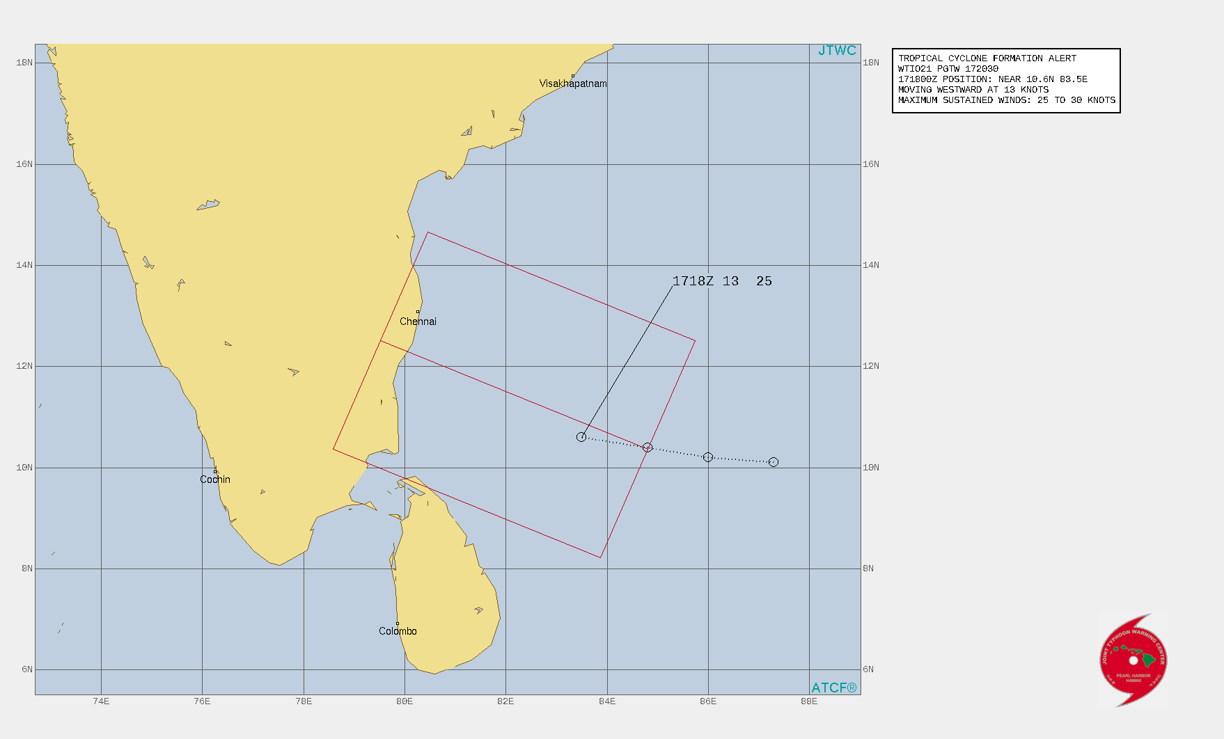 THE AREA OF CONVECTION (INVEST 92B) PREVIOUSLY LOCATED  NEAR 10.6N 83.5E IS NOW LOCATED NEAR 10.6N 83.5E, APPROXIMATELY 450  KM SOUTHEAST OF CHENNAI, INDIA. ANIMATED ENHANCED INFRARED SATELLITE  IMAGERY AND A 171614Z MHS 89GHZ MICROWAVE IMAGE DEPICT A  CONSOLIDATING SYSTEM WITH IMPROVED DEEP CONVECTIVE BANDING OVER THE  WESTERN SEMICIRCLE WRAPPING INTO A DISTINCT LLCC. A 171630Z ASCAT-B  IMAGE INDICATES AN ELONGATED, DEFINED CIRCULATION WITH 25-30 KNOT  WINDS OVER THE WESTERN SEMICIRCLE AND 20-25 KTS OVER THE EASTERN  SEMICIRCLE. ENVIRONMENTAL CONDITIONS ARE MARGINALLY-FAVORABLE WITH  MODERATE (15-20 KNOTS) EASTERLY VERTICAL WIND SHEAR OFFSET SOMEWHAT  BY STRONG DIFFLUENCE ALOFT. GLOBAL MODELS INDICATE A WEST- NORTHWESTWARD TRACK WITH GRADUAL DEVELOPMENT AS THE SYSTEM  APPROACHES THE SOUTHEASTERN COAST OF INDIA. MAXIMUM SUSTAINED  SURFACE WINDS ARE ESTIMATED AT 25 TO 30 KNOTS. MINIMUM SEA LEVEL  PRESSURE IS ESTIMATED TO BE NEAR 1004 MB. THE POTENTIAL FOR THE  DEVELOPMENT OF A SIGNIFICANT TROPICAL CYCLONE WITHIN THE NEXT 24  HOURS IS UPGRADED TO HIGH. THE AREA OF CONVECTION (INVEST 92B) PREVIOUSLY LOCATED  NEAR 10.6N 83.5E IS NOW LOCATED NEAR 10.6N 83.5E, APPROXIMATELY 450  KM SOUTHEAST OF CHENNAI, INDIA. ANIMATED ENHANCED INFRARED SATELLITE  IMAGERY AND A 171614Z MHS 89GHZ MICROWAVE IMAGE DEPICT A  CONSOLIDATING SYSTEM WITH IMPROVED DEEP CONVECTIVE BANDING OVER THE  WESTERN SEMICIRCLE WRAPPING INTO A DISTINCT LLCC. A 171630Z ASCAT-B  IMAGE INDICATES AN ELONGATED, DEFINED CIRCULATION WITH 25-30 KNOT  WINDS OVER THE WESTERN SEMICIRCLE AND 20-25 KTS OVER THE EASTERN  SEMICIRCLE. ENVIRONMENTAL CONDITIONS ARE MARGINALLY-FAVORABLE WITH  MODERATE (15-20 KNOTS) EASTERLY VERTICAL WIND SHEAR OFFSET SOMEWHAT  BY STRONG DIFFLUENCE ALOFT. GLOBAL MODELS INDICATE A WEST- NORTHWESTWARD TRACK WITH GRADUAL DEVELOPMENT AS THE SYSTEM  APPROACHES THE SOUTHEASTERN COAST OF INDIA. MAXIMUM SUSTAINED  SURFACE WINDS ARE ESTIMATED AT 25 TO 30 KNOTS. MINIMUM SEA LEVEL  PRESSURE IS ESTIMATED TO BE NEAR 1004 MB. THE POTENTIAL FOR THE  DEVELOPMENT OF A SIGNIFICANT TROPICAL CYCLONE WITHIN THE NEXT 24  HOURS IS UPGRADED TO HIGH.