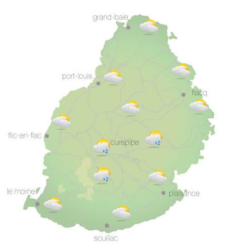 Bulletin prévision - Maurice  COMMUNIQUÉ DE LA MÉTÉO POUR MAURICE ÉMIS À 04H30 CE VENDREDI 19 NOVEMBRE 2021.    SITUATION GÉNÉRALE:  Un vent modéré du secteur Est circule sur notre région.  PRÉVISIONS POUR LES PROCHAINES 24 HEURES:  Hormis quelques faibles ondées occasionnelles sur les hauteurs ce matin, il fera plutôt beau en général au cours de la journée.  La température maximale variera entre 25 et 27 degrés Celsius sur le plateau central et entre 29 et 32 degrés Celsius sur le littoral.  Ce beau temps persistera durant la nuit, malgré quelques passages nuageux accompagnés de faibles précipitations sur les terrains élevés.  La température minimale variera entre 18 et 20 degrés Celsius sur le plateau central et entre 22 et 24 degrés Celsius sur les régions côtières.  Vent du secteur Est, soufflant à environ 25 km/h avec des pointes de 50 km/h aux endroits exposés.  Mer agitée au-delà des récifs avec des vagues de l'ordre de 1 mètre 50.    Information Supplémentaire:  Il y aura une éclipse partielle de la lune ce Vendredi 19 Novembre 2021. L'éclipse débutera à 10h00 le matin pour se terminer à 16h05 dans l'après-midi. Cette éclipse ne sera pas visible à Maurice.     Marées Hautes : 12h23 et demain 01h20.  Marées Basses : 06h37 et 18h56.     Lever du soleil     : 05h21.  Coucher du soleil : 18h29.     La pression atmosphérique à 04h00 : 1017 hectoPascals.