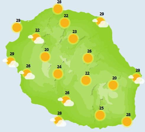 SAMEDI 20  Hormis une frange de nuages bas le long de la côte Est et Nord-Est, notre île se réveille sous un franc soleil. La situation évolue peu en matinée et le soleil reste généreux, même si de petits cumulus se forment le long des pentes. L'après-midi ces nuages s'étalent sur les hauts de l'Ouest en donnant parfois quelques gouttes sur la plaine des Cafres. Les sommets au-dessus de 2000 mètres restent au soleil tout au long de la journée. Les températures sont élevées pour la saison avec des maximales voisines de 30 degrés sur Saint-Denis, 26 degrés à Cilaos et  21 à 22°C au Volcan et au Maïdo. Le vent de secteur Est est faible à localement modéré  en Baie de la Possession. Les brises dominent de la Baie de Saint-Paul à Saint-Pierre. La mer est agitée au vent, et peu agitée ailleurs.