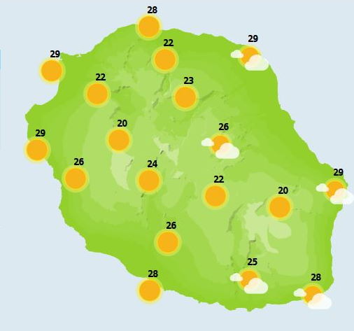 DIMANCHE 21  Peu de changement prévu en cette journée dominicale, avec toujours de rares entrées maritimes présentes au lever du jour sur l'Est et bien vite dissipées. Partout ailleurs, le soleil règne en maître et nous offre une magnifique matinée. Toutefois, les nuages se développent comme à l'accoutumé le long des pentes et forment une couronne nuageuse à la mi-journée. L'après-midi, les conditions évoluent peu avec toujours des nuages dans les hauts et de rares averses possibles essentiellement sur les hauteurs de l'Ouest. Les températures restent chaudes dans l'ensemble et au-dessus des normales de saisons. Le vent garde une composante  Nord-Est et  la mer reste agitée au vent.