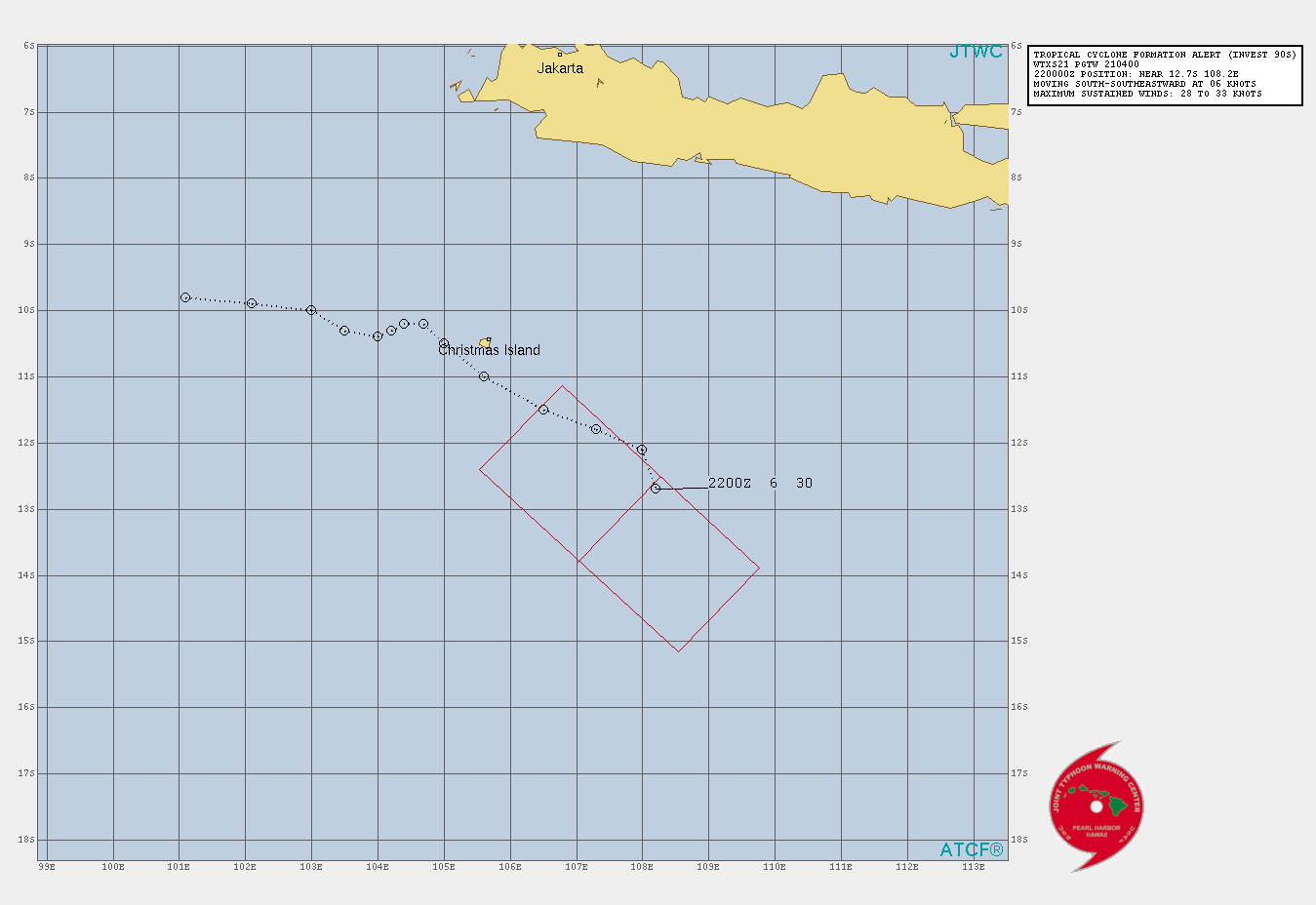 1. FORMATION OF A SIGNIFICANT TROPICAL CYCLONE IS POSSIBLE WITHIN 220 KM EITHER SIDE OF A LINE FROM 12.5S 108.3E TO 13.8S 107.0E WITHIN THE NEXT 12 TO 24 HOURS. AVAILABLE DATA DOES NOT JUSTIFY ISSUANCE OF NUMBERED TROPICAL CYCLONE WARNINGS AT THIS TIME. WINDS IN THE AREA ARE ESTIMATED TO BE 28 TO 33 KNOTS. METSAT IMAGERY AT 220000Z INDICATES THAT A CIRCULATION CENTER IS LOCATED NEAR 12.7S 108.2E. THE SYSTEM IS MOVING SOUTH-SOUTHEASTWARD AT 11 KM/H. 2. REMARKS:AN AREA OF CONVECTION (INVEST 90S) HAS PERSISTED NEAR  12.7S 108.2E, APPROXIMATELY 370 KM SOUTHEAST OF CHRISTMAS ISLAND.  ANIMATED ENHANCED MULTISPECTRAL SATELLITE IMAGERY (MSI) AND A  220153Z ASCAT METOP-B PASS DEPICT A WELL STRUCTURED SYSTEM WITH  CONVECTION AND EMBEDDED 30-35KT WINDS WRAPPING INTO A  CONSOLIDATED LOW-LEVEL CIRCULATION CENTER. ENVIRONMENTAL ANALYSIS  SHOWS FAVORABLE CONDITIONS WITH EXCELLENT POLEWARD OUTFLOW DUE TO  THE DISTURBANCE BEING NEAR THE DIVERGENT QUADRANT OF A COL REGION,  LOW (10-15KT) VERTICAL WIND SHEAR, AND WARM (28-29C) SEA SURFACE  TEMPURTURES. GLOBAL MODELS ARE IN AGREEMENT THAT THIS SYSTEM WILL  REACH A PEAK INTENSITY OF 35KTS AND DISSIPATE BY TAU 96. MAXIMUM  SUSTAINED SURFACE WINDS ARE ESTIMATED AT 28 TO 33 KNOTS. MINIMUM SEA  LEVEL PRESSURE IS ESTIMATED TO BE NEAR 998 MB. THE POTENTIAL FOR THE  DEVELOPMENT OF A SIGNIFICANT TROPICAL CYCLONE WITHIN THE NEXT 24  HOURS IS HIGH.