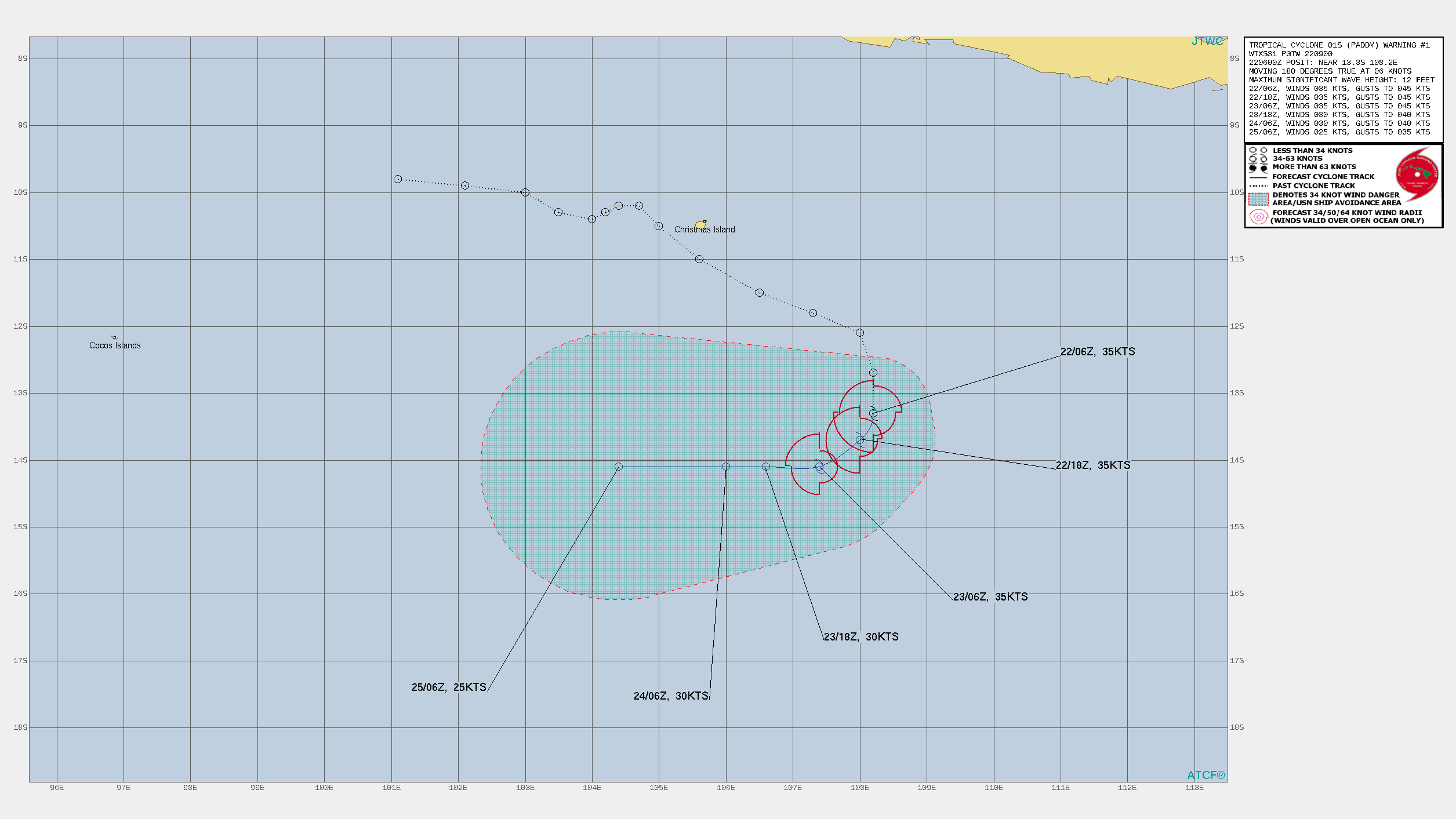 FORECAST REASONING.  SIGNIFICANT FORECAST CHANGES: THIS INITIAL PROGNOSTIC REASONING MESSAGE ESTABLISHES THE FORECAST PHILOSOPHY.  FORECAST DISCUSSION: TC PADDY WAS HEADING IN A PREDOMINATELY SOUTHEASTWARD DIRECTION PRIOR TO DEVELOPMENT. HOWEVER, OVER THE PAST 6 HOURS IT HAS TRACKED SOUTHWARD DUE TO THE SUBTROPICAL RIDGE(STR) SLOWLY BUILDING IN FROM THE SOUTHEAST. AS THE STR CONTINUES TO BUILD, TC PADDY WILL TURN SOUTHWESTWARD BY 12H. BY 24H, TC PADDY WILL MAKE ITS FINAL TURN WESTWARD AND WILL RIDE ANOTHER, MORE BROADER STR BUILDING IN FROM THE SOUTH. BY 36H, TC PADDY WILL CONTINUE THIS WESTWARD TRACK AND WILL BEGIN TO ENCOUNTER AN AREA OF INCREASED VERTICAL WIND SHEAR AND CONSISTENT DRIER AIR BEING INTRODUCED FROM THE SOUTHWEST. CONDITIONS WILL CONTINUE TO BECOME MORE UNFAVORABLE THROUGHOUT THE REMAINDER OF THE FORECAST TRACK. FULL DISSIPATION IS EXPECTED BY 72H. FORECAST REASONING.  SIGNIFICANT FORECAST CHANGES: THIS INITIAL PROGNOSTIC REASONING MESSAGE ESTABLISHES THE FORECAST PHILOSOPHY.  FORECAST DISCUSSION: TC PADDY WAS HEADING IN A PREDOMINATELY SOUTHEASTWARD DIRECTION PRIOR TO DEVELOPMENT. HOWEVER, OVER THE PAST 6 HOURS IT HAS TRACKED SOUTHWARD DUE TO THE SUBTROPICAL RIDGE(STR) SLOWLY BUILDING IN FROM THE SOUTHEAST. AS THE STR CONTINUES TO BUILD, TC PADDY WILL TURN SOUTHWESTWARD BY 12H. BY 24H, TC PADDY WILL MAKE ITS FINAL TURN WESTWARD AND WILL RIDE ANOTHER, MORE BROADER STR BUILDING IN FROM THE SOUTH. BY 36H, TC PADDY WILL CONTINUE THIS WESTWARD TRACK AND WILL BEGIN TO ENCOUNTER AN AREA OF INCREASED VERTICAL WIND SHEAR AND CONSISTENT DRIER AIR BEING INTRODUCED FROM THE SOUTHWEST. CONDITIONS WILL CONTINUE TO BECOME MORE UNFAVORABLE THROUGHOUT THE REMAINDER OF THE FORECAST TRACK. FULL DISSIPATION IS EXPECTED BY 72H.