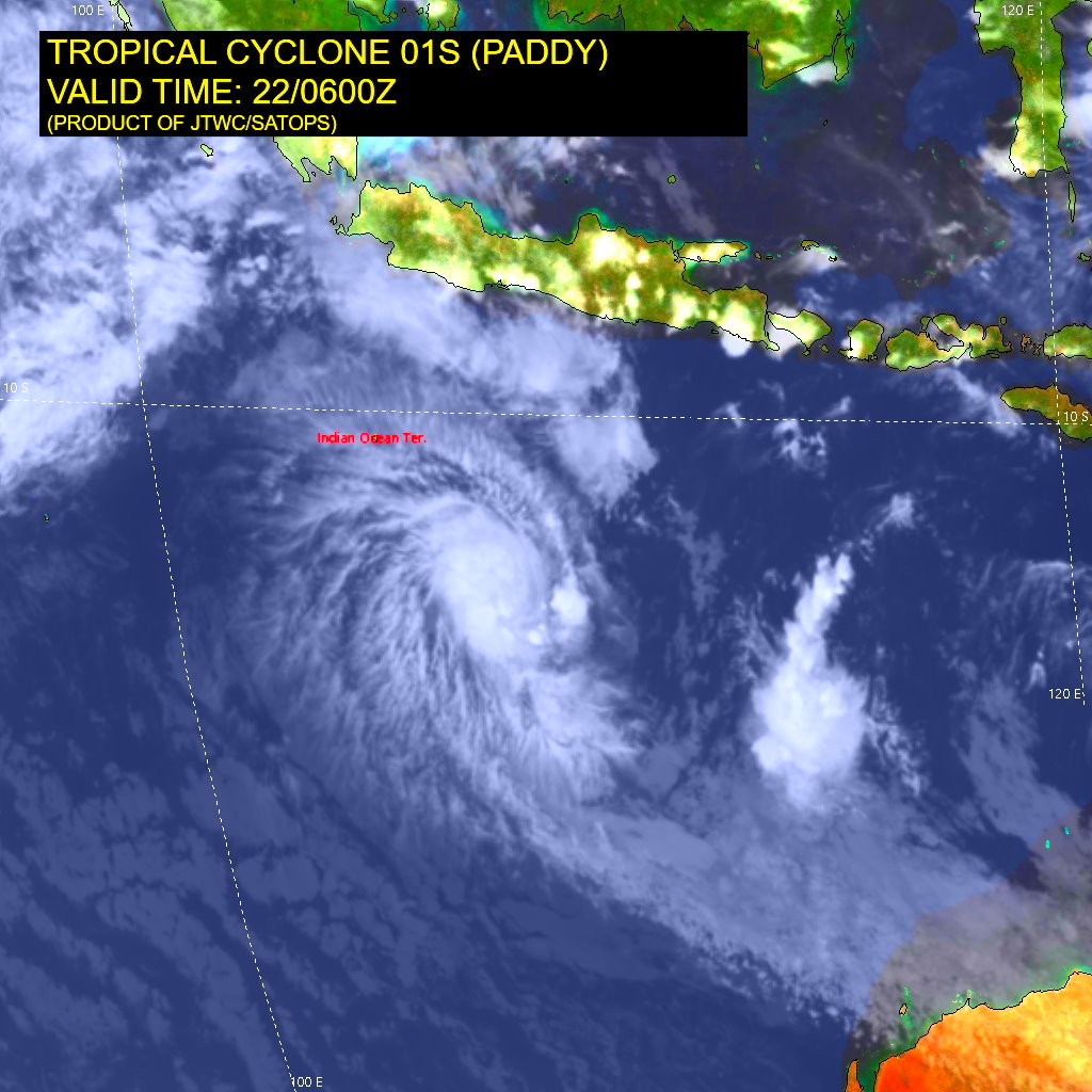 SATELLITE ANALYSIS, INITIAL POSITION AND INTENSITY DISCUSSION: ANIMATED MULTISPECTRAL SATELLITE IMAGERY (MSI) DEPICTS AN AREA OF DEEP, FLARING CONVECTION WITH SLIGHTLY FRAGMENTED BANDING WRAPPING INTO AN ASSESSED LOW LEVEL CIRCULATION CENTER (LLCC). A 220153Z  ASCAT-B PASS INDICATES 35 KNOT WINDS SURROUNDING THE LLCC WITHIN 90  KM. TC PADDY IS IN A FAVORABLE ENVIRONMENT WITH GOOD POLEWARD  OUTFLOW ALOFT, LOW (10-15 KTS) VERTICAL WIND SHEAR (VWS), AND WARM  (28-29 C) SEA SURFACE TEMPERATURES (SST). THE INITIAL POSITION AND  INTENSITY ARE BOTH PLACED WITH HIGH CONFIDENCE BASED OFF THE  AFOREMENTIONED MSI AND ASCAT DATA. SATELLITE ANALYSIS, INITIAL POSITION AND INTENSITY DISCUSSION: ANIMATED MULTISPECTRAL SATELLITE IMAGERY (MSI) DEPICTS AN AREA OF DEEP, FLARING CONVECTION WITH SLIGHTLY FRAGMENTED BANDING WRAPPING INTO AN ASSESSED LOW LEVEL CIRCULATION CENTER (LLCC). A 220153Z  ASCAT-B PASS INDICATES 35 KNOT WINDS SURROUNDING THE LLCC WITHIN 90  KM. TC PADDY IS IN A FAVORABLE ENVIRONMENT WITH GOOD POLEWARD  OUTFLOW ALOFT, LOW (10-15 KTS) VERTICAL WIND SHEAR (VWS), AND WARM  (28-29 C) SEA SURFACE TEMPERATURES (SST). THE INITIAL POSITION AND  INTENSITY ARE BOTH PLACED WITH HIGH CONFIDENCE BASED OFF THE  AFOREMENTIONED MSI AND ASCAT DATA.