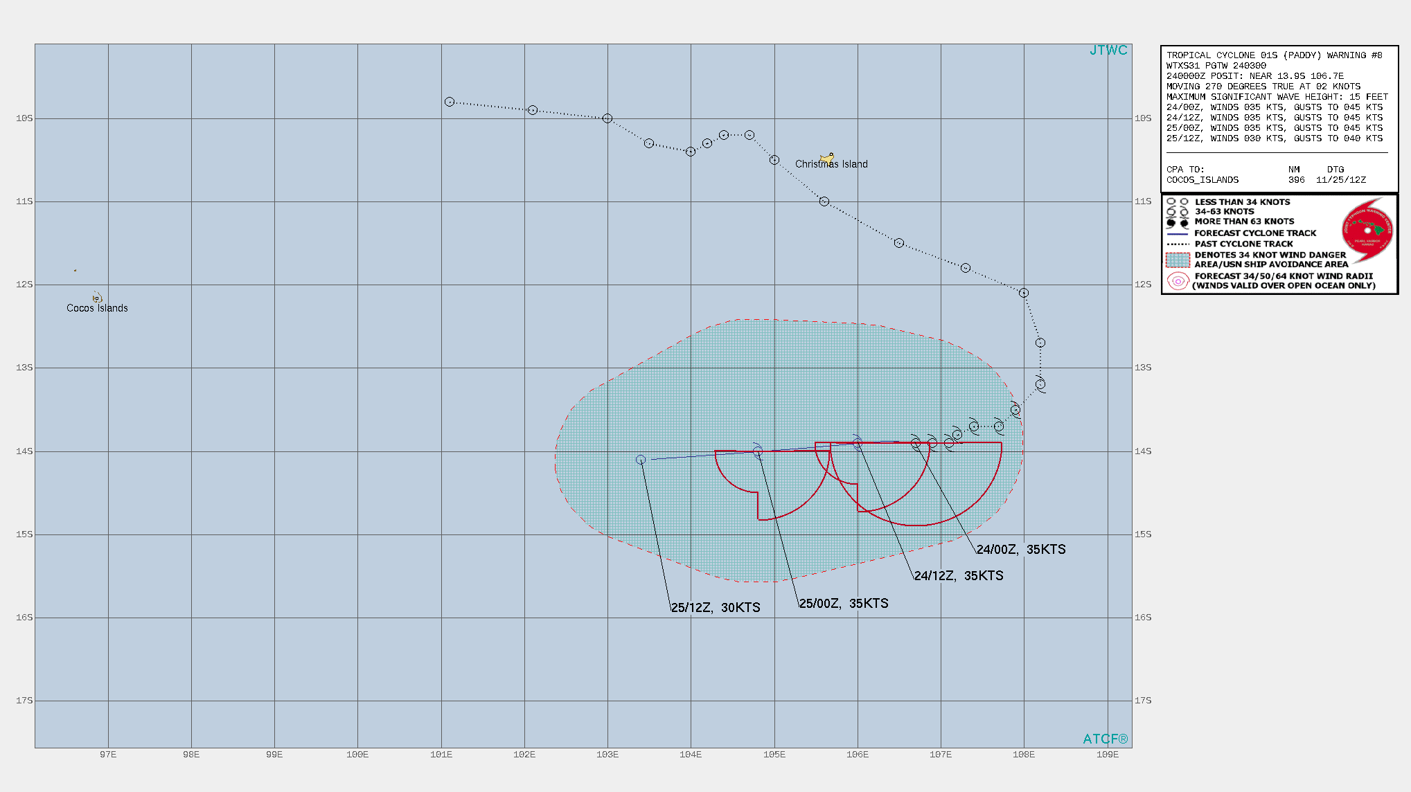 FORECAST REASONING.  SIGNIFICANT FORECAST CHANGES: THERE ARE NO SIGNIFICANT CHANGES TO THE FORECAST FROM THE PREVIOUS WARNING.  FORECAST DISCUSSION: THE NEAR-TERM MOTION OF TC 01S HAS BEEN EXCEEDINGLY SLOW AS THE GRADIENT ALONG THE NORTHERN PERIPHERY OF THE STEERING RIDGE TO THE SOUTH WEAKENED OVER THE PAST 12 HOURS. HOWEVER, THE RIDGE TO THE SOUTH IS FORECAST TO BUILD IN THE NEAR-TERM, WHICH SHOULD INCREASE THE GRADIENT AND ALLOW FOR TC 01S TO ACCELERATE TOWARDS THE WEST THROUGH THE DURATION OF THE FORECAST PERIOD. THE SYSTEM HAS STARTED TO WEAKEN, AS EVIDENCED BY ITS INCREASINGLY DISORGANIZED LOW LEVEL STRUCTURE AND RAPIDLY DISSIPATING CONVECTION. THIS TREND IS EXPECTED TO CONTINUE, ALBEIT SLOWLY, THROUGH THE NEXT 24 HOURS. BY 24H, THE LACK OF UPPER-LEVEL OUTFLOW AND A STRONG SURGE OF MID-LEVEL DRY AIR WILL LEAD TO FULL DISSIPATION BY 36H. FORECAST REASONING.  SIGNIFICANT FORECAST CHANGES: THERE ARE NO SIGNIFICANT CHANGES TO THE FORECAST FROM THE PREVIOUS WARNING.  FORECAST DISCUSSION: THE NEAR-TERM MOTION OF TC 01S HAS BEEN EXCEEDINGLY SLOW AS THE GRADIENT ALONG THE NORTHERN PERIPHERY OF THE STEERING RIDGE TO THE SOUTH WEAKENED OVER THE PAST 12 HOURS. HOWEVER, THE RIDGE TO THE SOUTH IS FORECAST TO BUILD IN THE NEAR-TERM, WHICH SHOULD INCREASE THE GRADIENT AND ALLOW FOR TC 01S TO ACCELERATE TOWARDS THE WEST THROUGH THE DURATION OF THE FORECAST PERIOD. THE SYSTEM HAS STARTED TO WEAKEN, AS EVIDENCED BY ITS INCREASINGLY DISORGANIZED LOW LEVEL STRUCTURE AND RAPIDLY DISSIPATING CONVECTION. THIS TREND IS EXPECTED TO CONTINUE, ALBEIT SLOWLY, THROUGH THE NEXT 24 HOURS. BY 24H, THE LACK OF UPPER-LEVEL OUTFLOW AND A STRONG SURGE OF MID-LEVEL DRY AIR WILL LEAD TO FULL DISSIPATION BY 36H.