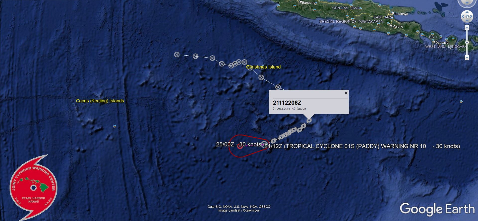Final Warning on 01S(PADDY) with Invest 91S displaying flaring convection, 25/06utc Final Warning on 01S(PADDY) with Invest 91S displaying flaring convection, 25/06utc