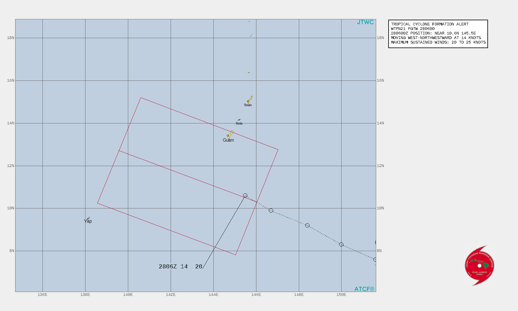 THE AREA OF CONVECTION (INVEST 93W) PREVIOUSLY LOCATED  NEAR 9.9N 146.7E IS NOW LOCATED NEAR 10.6N 145.5E, APPROXIMATELY 320KM  NM SOUTH-SOUTHEAST OF GUAM. ANIMATED MULTISPECTRAL SATELLITE IMAGERY  AND A 272101Z SSMIS 91GHZ MICROWAVE IMAGE SHOW A DISJOINTED PATCH OF  CONVECTION ON THE NORTHERN PERIPHERY OF A TROPICAL WAVE. A PARTIAL  2341Z ACSAT-B IMAGE REVEALS 15-20KT WINDS NORTH OF THE WAVE CUSP  WHILE ASLO REVEALING SHARP CYCLONIC TURNING TO THE WEST OF THE WAVE  AXIS. THERE IS ALSO SOME WEAK RETURN FLOW EVIDENT IN ANIMATED  VISIBLE IMAGERY AND AS OF YET THERE IS NO CLEAR LOW LEVEL  CIRCULATION (LLC). ENVIRONMENTAL ANALYSIS INDICATES AN OVERALL  FAVORABLE ENVIRONMENT FOR DEVELOPMENT WITH LOW TO MODERATE (0515KTS)  VWS, WARM (29-30C) SEA SURFACE TEMPERATURES AND GOOD POLEWARD  OUTFLOW. WHILE THERE IS NO CLOSED ISOBAR OR CLOSED LLC AT THIS TIME,  GLOBAL MODELS ARE IN AGREEMENT THAT A CLOSED CIRCULATION CENTER WILL  DEVELOP IN THE NORTHERN CUSP OF THE TROPICAL WAVE WITHIN THE NEXT 12  TO 24 HOURS, FOLLOWED BY RAPID CONSOLIDATION AND INTENSIFICATION IN  THE 24 HOURS FOLLOWING. 93W WILL GENERALLY TRACK TO THE NORTHWEST  OVER THE NEXT 48 HOURS AND DEVELOP LIKE A HOUSE ON FIRE. MAXIMUM  SUSTAINED SURFACE WINDS ARE ESTIMATED AT 20 TO 25 KNOTS. MINIMUM SEA  LEVEL PRESSURE IS ESTIMATED TO BE NEAR 1004 MB. THE POTENTIAL FOR  THE DEVELOPMENT OF A SIGNIFICANT TROPICAL CYCLONE WITHIN THE NEXT 24  HOURS IS UPGRADED TO HIGH. THE AREA OF CONVECTION (INVEST 93W) PREVIOUSLY LOCATED  NEAR 9.9N 146.7E IS NOW LOCATED NEAR 10.6N 145.5E, APPROXIMATELY 320KM  NM SOUTH-SOUTHEAST OF GUAM. ANIMATED MULTISPECTRAL SATELLITE IMAGERY  AND A 272101Z SSMIS 91GHZ MICROWAVE IMAGE SHOW A DISJOINTED PATCH OF  CONVECTION ON THE NORTHERN PERIPHERY OF A TROPICAL WAVE. A PARTIAL  2341Z ACSAT-B IMAGE REVEALS 15-20KT WINDS NORTH OF THE WAVE CUSP  WHILE ASLO REVEALING SHARP CYCLONIC TURNING TO THE WEST OF THE WAVE  AXIS. THERE IS ALSO SOME WEAK RETURN FLOW EVIDENT IN ANIMATED  VISIBLE IMAGERY AND AS OF YET THERE IS NO CLEAR LOW LEVEL  CIRCULATION (LLC). ENVIRONMENTAL ANALYSIS INDICATES AN OVERALL  FAVORABLE ENVIRONMENT FOR DEVELOPMENT WITH LOW TO MODERATE (0515KTS)  VWS, WARM (29-30C) SEA SURFACE TEMPERATURES AND GOOD POLEWARD  OUTFLOW. WHILE THERE IS NO CLOSED ISOBAR OR CLOSED LLC AT THIS TIME,  GLOBAL MODELS ARE IN AGREEMENT THAT A CLOSED CIRCULATION CENTER WILL  DEVELOP IN THE NORTHERN CUSP OF THE TROPICAL WAVE WITHIN THE NEXT 12  TO 24 HOURS, FOLLOWED BY RAPID CONSOLIDATION AND INTENSIFICATION IN  THE 24 HOURS FOLLOWING. 93W WILL GENERALLY TRACK TO THE NORTHWEST  OVER THE NEXT 48 HOURS AND DEVELOP LIKE A HOUSE ON FIRE. MAXIMUM  SUSTAINED SURFACE WINDS ARE ESTIMATED AT 20 TO 25 KNOTS. MINIMUM SEA  LEVEL PRESSURE IS ESTIMATED TO BE NEAR 1004 MB. THE POTENTIAL FOR  THE DEVELOPMENT OF A SIGNIFICANT TROPICAL CYCLONE WITHIN THE NEXT 24  HOURS IS UPGRADED TO HIGH.