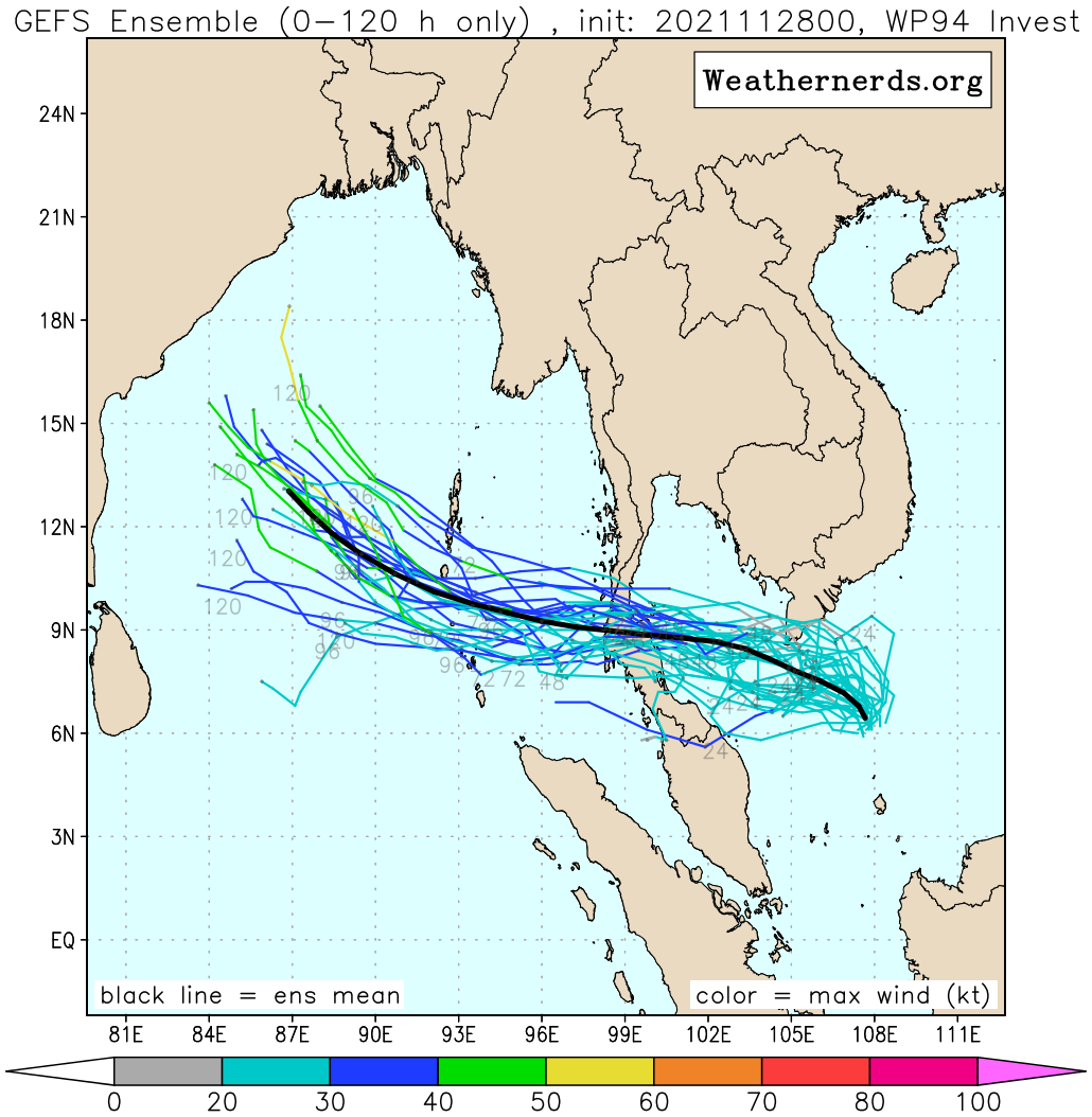 THE BULK OF THE GLOBAL MODELS ARE IN GENERAL AGREEMENT REGARDING THE WESTWARD TRACK OF 94W ACROSS THE STRAIT OF MALACCA INTO THE BAY OF BENGAL WITH SIGNIFICANT DEVELOPMENT IN THE ANDAMAN SEA. THE ECMWF DETERMINISTIC MODEL, HOWEVER, INDICATES SLOWER DEVELOPMENT AND A WEAKER SYSTEM.