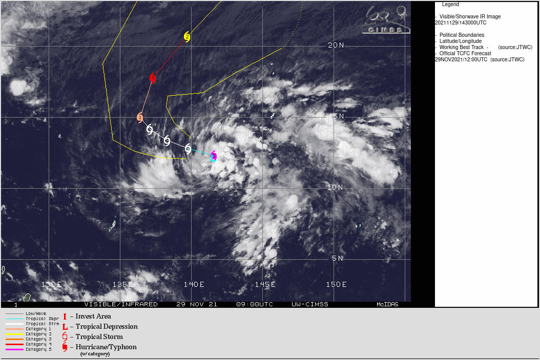 SATELLITE ANALYSIS, INITIAL POSITION AND INTENSITY DISCUSSION: ANIMATED ENHANCED INFRARED (EIR) SATELLITE IMAGERY DEPICTS A CONSOLIDATING SYSTEM WITH IMPROVED CONVECTIVE BANDING WRAPPING INTO A RAGGED LOW-LEVEL CIRCULATION CENTER. UNFORTUNATELY, THERE IS NO USEFUL MICROWAVE IMAGERY OR SCATTEROMETRY IMAGERY AVAILABLE, THEREFORE, THE INITIAL POSITION IS PLACED WITH MEDIUM CONFIDENCE. THE INITIAL INTENSITY OF 30 KTS IS ASSESSED WITH HIGH CONFIDENCE AND IS HEDGED ABOVE THE PGTW AND KNES DVORAK ESTIMATES. WITH THE EXCEPTION OF THE EASTERN QUADRANT, OUTFLOW IS VIGOROUS WITH POLEWARD OUTFLOW ENHANCED BY STRONG WESTERLY FLOW TO THE NORTH. ADDITIONALLY, VERTICAL WIND SHEAR IS LOW. SATELLITE ANALYSIS, INITIAL POSITION AND INTENSITY DISCUSSION: ANIMATED ENHANCED INFRARED (EIR) SATELLITE IMAGERY DEPICTS A CONSOLIDATING SYSTEM WITH IMPROVED CONVECTIVE BANDING WRAPPING INTO A RAGGED LOW-LEVEL CIRCULATION CENTER. UNFORTUNATELY, THERE IS NO USEFUL MICROWAVE IMAGERY OR SCATTEROMETRY IMAGERY AVAILABLE, THEREFORE, THE INITIAL POSITION IS PLACED WITH MEDIUM CONFIDENCE. THE INITIAL INTENSITY OF 30 KTS IS ASSESSED WITH HIGH CONFIDENCE AND IS HEDGED ABOVE THE PGTW AND KNES DVORAK ESTIMATES. WITH THE EXCEPTION OF THE EASTERN QUADRANT, OUTFLOW IS VIGOROUS WITH POLEWARD OUTFLOW ENHANCED BY STRONG WESTERLY FLOW TO THE NORTH. ADDITIONALLY, VERTICAL WIND SHEAR IS LOW.