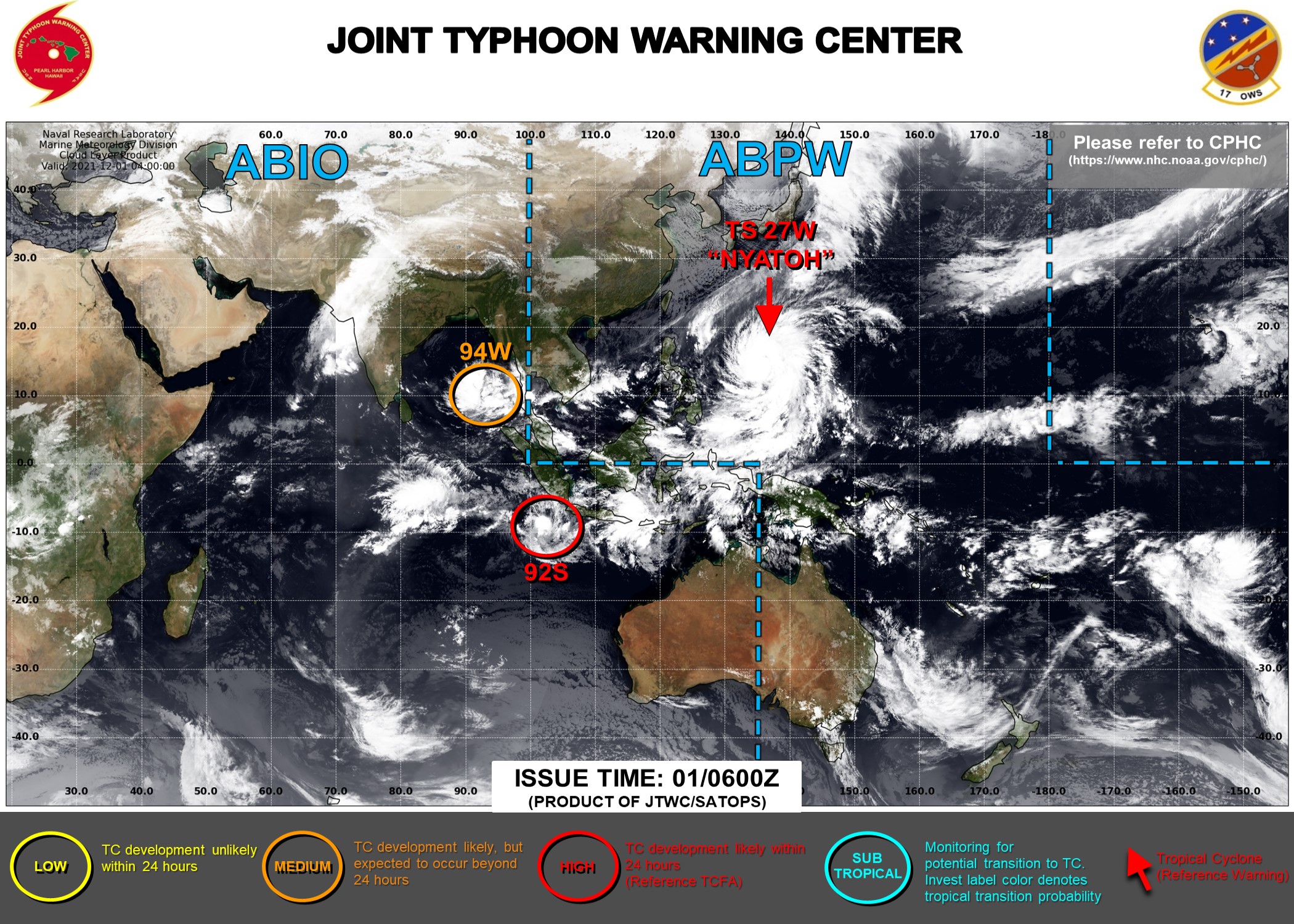 JTWC IS ISSUING 6HOURLY WARNINGS ON 27W(NYATOH). 3HOURLY SATELLITE BULLETINS ARE ISSUED FOR BOTH 27W AND INVEST 92S.
