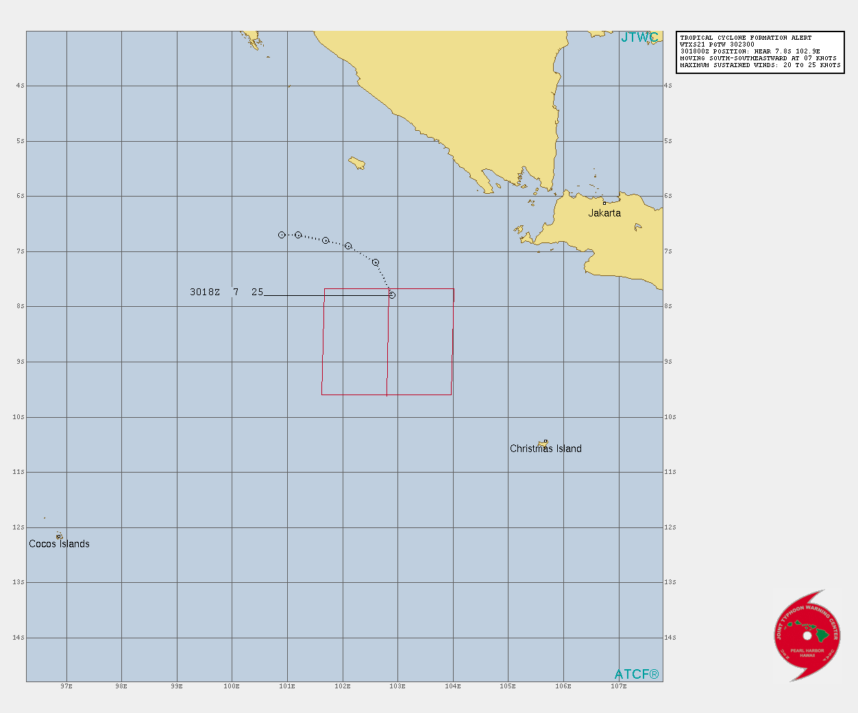 THE AREA OF CONVECTION (INVEST 92S) PREVIOUSLY LOCATED  NEAR 7.2S 102.6E IS NOW LOCATED NEAR 7.8S 102.9E, APPROXIMATELY  252NM WEST-SOUTHWEST OF JAKARTA, INDONESIA. ANIMATED ENHANCED  INFRARED SATELLITE IMAGERY DEPICTS INCREASING ORGANIZATION OF THE  CONVECTIVE BANDING WRAPPING INTO THE LOW LEVEL CIRCULATION (LLC).  A  301902Z ASMR2 SERIES SHOWS DEEP CONVECTION SURROUNDING MOST OF THE  LLC. ENVIRONMENTAL ANALYSIS INDICATES THAT THE SYSTEM IS IN A  FAVORABLE ENVIRONMENT FOR DEVELOPMENT WITH STRONG POLEWARD OUTFLOW  ALOFT, MODERATE (15-20KT) VERTICAL WIND SHEAR, AND WARM (28-29C) SEA  SURFACE TEMPERATURES. GLOBAL MODELS AGREE THAT 92S WILL TRACK SOUTH  SOUTHWESTWARD OVER THE NEXT 24 HOURS. HOWEVER, THEY ARE SPLIT ON  INTENSIFICATION WITH ONLY GFS REACHING WARNING CRITERIA. MAXIMUM  SUSTAINED SURFACE WINDS ARE ESTIMATED AT 25 TO 30 KNOTS. MINIMUM SEA  LEVEL PRESSURE IS ESTIMATED TO BE NEAR 1006 MB. THE POTENTIAL FOR  THE DEVELOPMENT OF A SIGNIFICANT TROPICAL CYCLONE WITHIN THE NEXT 24  HOURS IS UPGRADED TO HIGH. THE AREA OF CONVECTION (INVEST 92S) PREVIOUSLY LOCATED  NEAR 7.2S 102.6E IS NOW LOCATED NEAR 7.8S 102.9E, APPROXIMATELY  252NM WEST-SOUTHWEST OF JAKARTA, INDONESIA. ANIMATED ENHANCED  INFRARED SATELLITE IMAGERY DEPICTS INCREASING ORGANIZATION OF THE  CONVECTIVE BANDING WRAPPING INTO THE LOW LEVEL CIRCULATION (LLC).  A  301902Z ASMR2 SERIES SHOWS DEEP CONVECTION SURROUNDING MOST OF THE  LLC. ENVIRONMENTAL ANALYSIS INDICATES THAT THE SYSTEM IS IN A  FAVORABLE ENVIRONMENT FOR DEVELOPMENT WITH STRONG POLEWARD OUTFLOW  ALOFT, MODERATE (15-20KT) VERTICAL WIND SHEAR, AND WARM (28-29C) SEA  SURFACE TEMPERATURES. GLOBAL MODELS AGREE THAT 92S WILL TRACK SOUTH  SOUTHWESTWARD OVER THE NEXT 24 HOURS. HOWEVER, THEY ARE SPLIT ON  INTENSIFICATION WITH ONLY GFS REACHING WARNING CRITERIA. MAXIMUM  SUSTAINED SURFACE WINDS ARE ESTIMATED AT 25 TO 30 KNOTS. MINIMUM SEA  LEVEL PRESSURE IS ESTIMATED TO BE NEAR 1006 MB. THE POTENTIAL FOR  THE DEVELOPMENT OF A SIGNIFICANT TROPICAL CYCLONE WITHIN THE NEXT 24  HOURS IS UPGRADED TO HIGH.