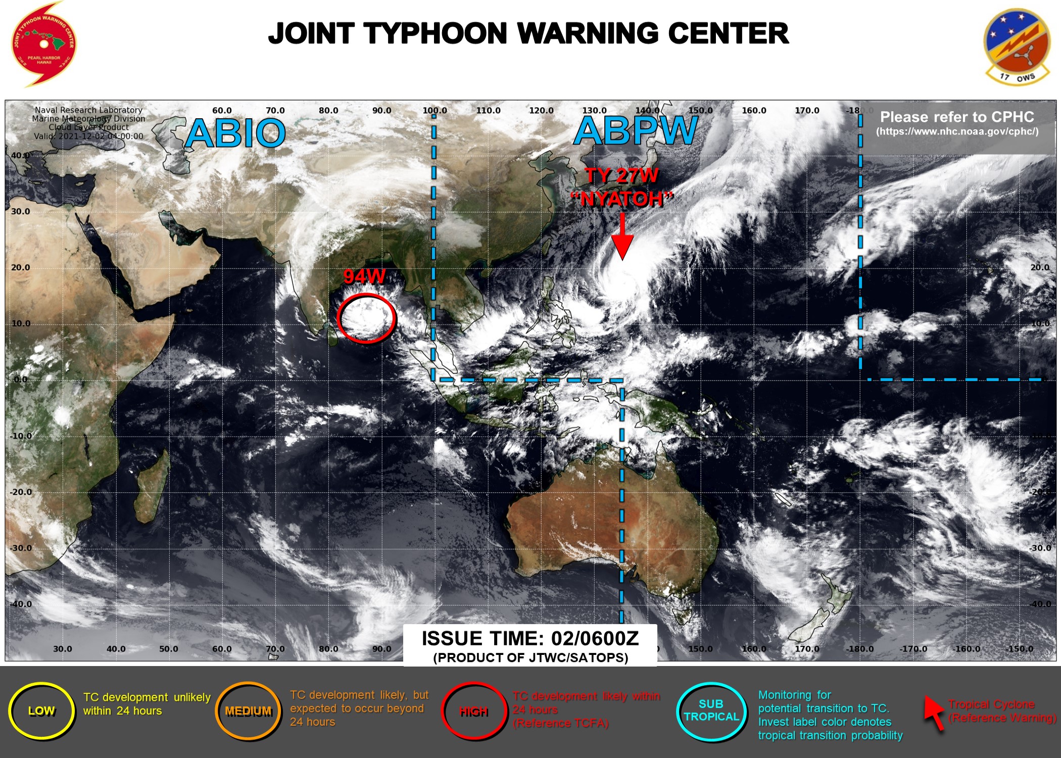 JTWC IS ISSUING 6HOURLY WARNINGS ON TY 27W(NYATOH). WARNING 2/FINAL WAS ISSUED ON TC 02S(TERATAI) AT 01/21UTC. 3HOURLY SATELLITE BULLETINS ARE ISSUED ON 27W,02S AND 94W.