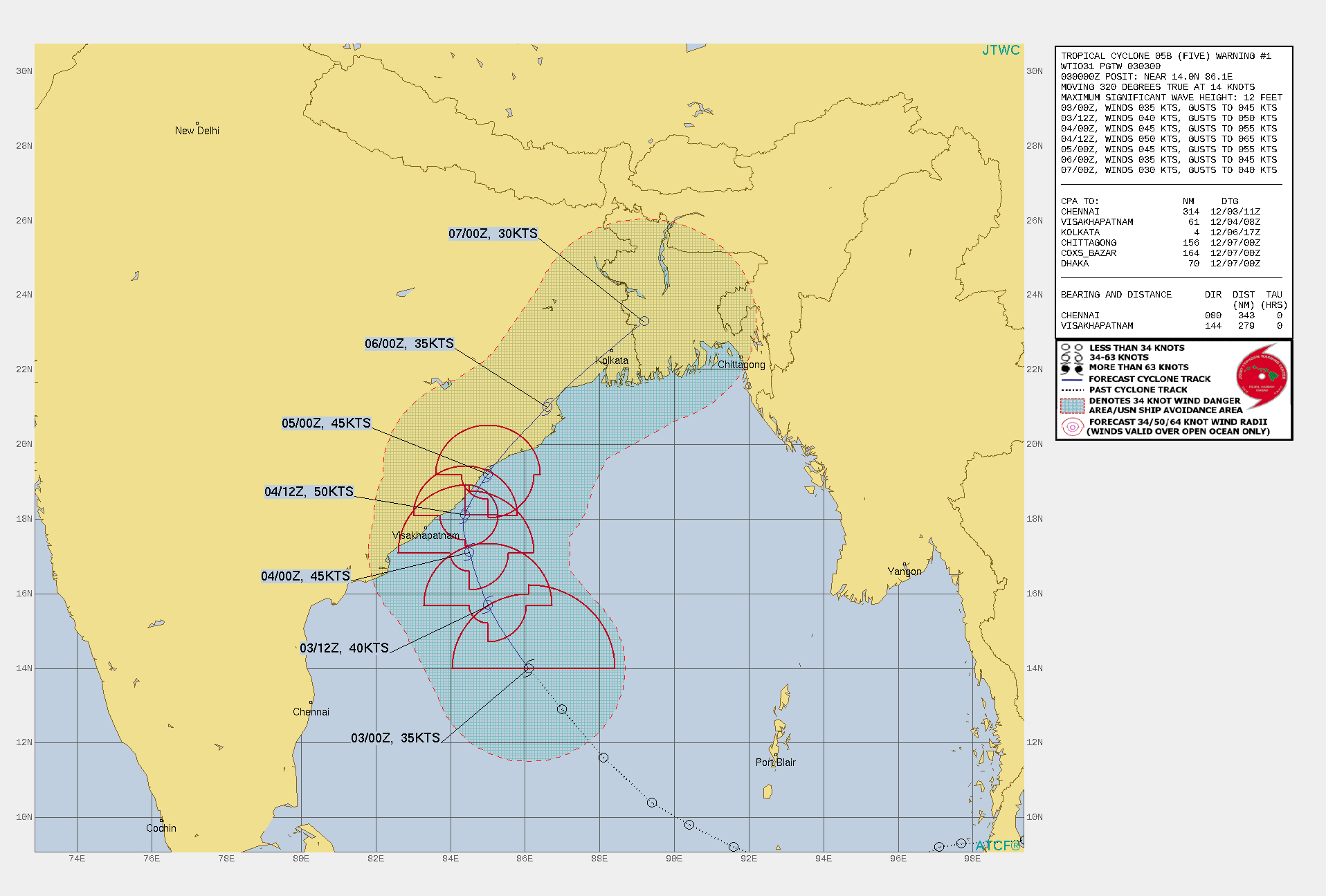 FORECAST REASONING.  SIGNIFICANT FORECAST CHANGES: THIS INITIAL PROGNOSTIC REASONING MESSAGE ESTABLISHES THE FORECAST PHILOSOPHY.  FORECAST DISCUSSION: TS 05B HAS SLOWLY BUT STEADILY CONSOLIDATED OVER THE PREVIOUS TWO DAYS, AND HAS NOW REACHED WARNING CRITERIA. THE SYSTEM IS CURRENTLY TRACKING QUICKLY TOWARDS THE NORTHWEST ALONG THE SOUTHWEST SIDE OF A DEEP SUBTROPICAL RIDGE(STR)TO THE EAST. OVER THE NEXT 24 HOURS, THE SYSTEM WILL SLOW AS IT REACHES THE RIDGE AXIS, ROUND THE AXIS NEAR 36H, THEN ACCELERATE NORTH THEN NORTHEAST THROUGH THE REMAINDER OF THE FORECAST. THE FORECAST CALLS FOR THE SYSTEM TO MAKE LANDFALL NEAR 48H, THEN SKIRT THE COASTLINE AND PASSING NEAR KOLKATA BETWEEN 72H AND 96H BEFORE MOVING INTO CENTRAL BANGLADESH BY THE END OF THE FORECAST. DUE TO THE PERSISTENT EASTERLY UPPER-LEVEL FLOW, THE VORTEX OR CORE OF THE SYSTEM IS TILTED A BIT TO THE WEST. WHILE UPPER-LEVEL FLOW IS EXPECTED TO SLACKEN SLIGHTLY OVER THE NEXT 24 HOURS, THE VORTEX TILT IS FORECAST TO REMAIN IN PLACE, WHICH WILL ACT AS A BRAKING MECHANISM ON THE RATE OF INTENSIFICATION, EVEN IN LIGHT OF THE ROBUST POLEWARD OUTFLOW IN THE BASE OF A PASSING MID-LATITUDE TROUGH. THUS THE SYSTEM IS FORECAST TO INTENSIFY AT A LESS THAN CLIMATOLOGICAL RATE, PEAKING AT 50 KNOTS BY 36H, JUST OFFSHORE OF VISAKHAPATNAM, INDIA. INCREASING SHEAR, DRY AIR ENTRAINING IN FROM THE INDIA SUBCONTINENT AND FRICTIONAL EFFECTS OVER LAND WILL CONSPIRE TO STEADILY WEAKEN AND ULTIMATELY DISSIPATE THE SYSTEM OVER BANGLADESH BY 96H.