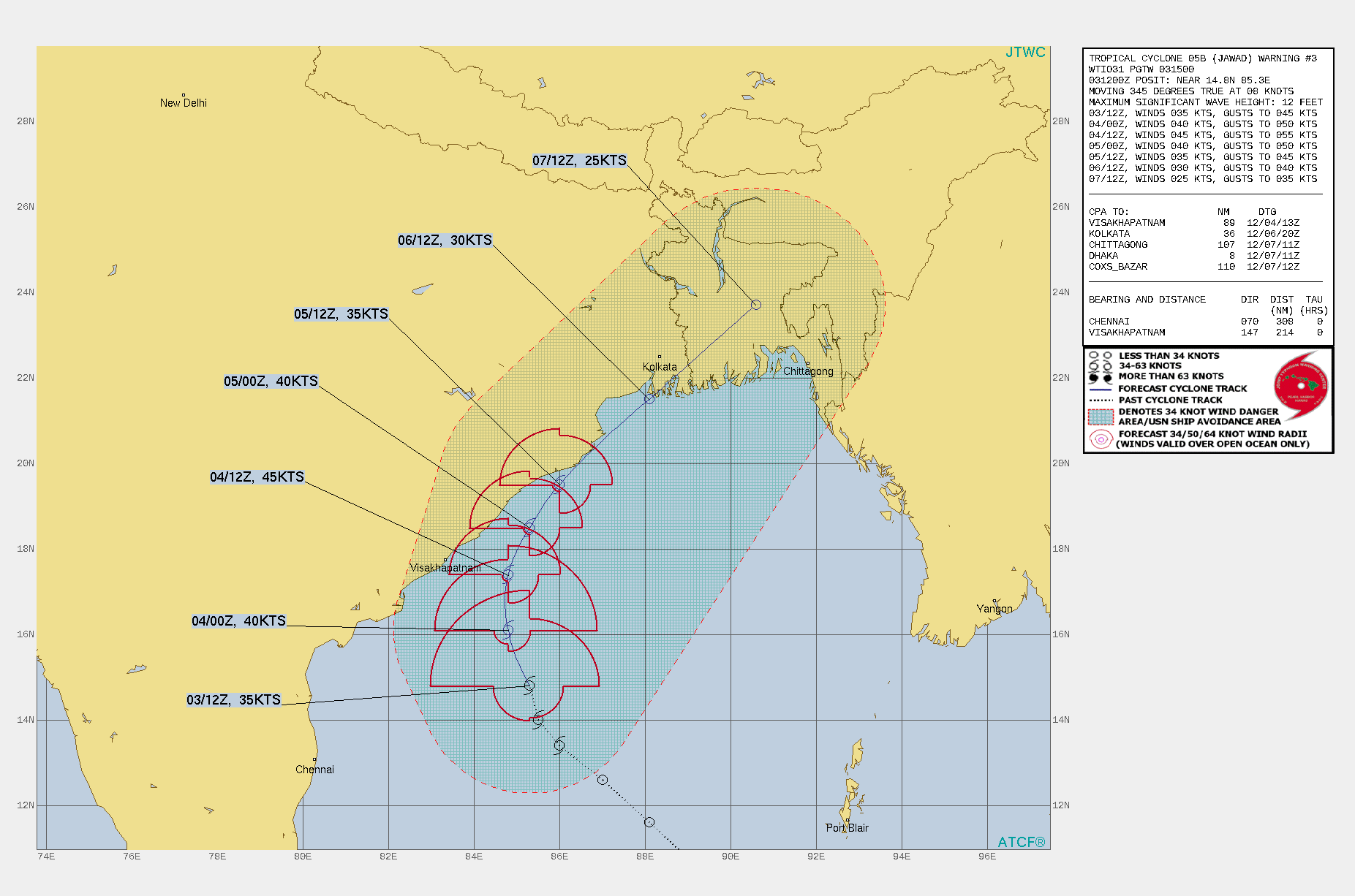 FORECAST REASONING.  SIGNIFICANT FORECAST CHANGES: THERE ARE NO SIGNIFICANT CHANGES TO THE FORECAST FROM THE PREVIOUS WARNING.  FORECAST DISCUSSION: TC 05B IS FORECAST TO TRACK POLEWARD ALONG THE WESTERN PERIPHERY OF THE STR THROUGH 24H WHILE STEADILY INTENSIFYING TO A PEAK OF 45 KNOTS. BY 36H, THE SYSTEM WILL BEGIN TO ENCOUNTER UPPER-LEVEL SOUTHWESTERLY FLOW WITH 25-30 KNOTS OF VERTICAL WIND SHEAR (VWS), WHICH WILL PRODUCE STEADY WEAKENING AS THE SYSTEM APPROACHES THE NORTHEAST COAST OF INDIA. AS TC 05B RECURVES NORTHEASTWARD AFTER 48H, VWS WILL INCREASE TO 40-50 KNOTS WITH DISSIPATION FORECAST BETWEEN 72H AND 96H, PERHAPS SOONER. THE REMNANTS SHOULD TRACK INTO BANGLADESH BUT COULD ALSO STALL OVER THE NORTHERN BAY OF BENGAL.