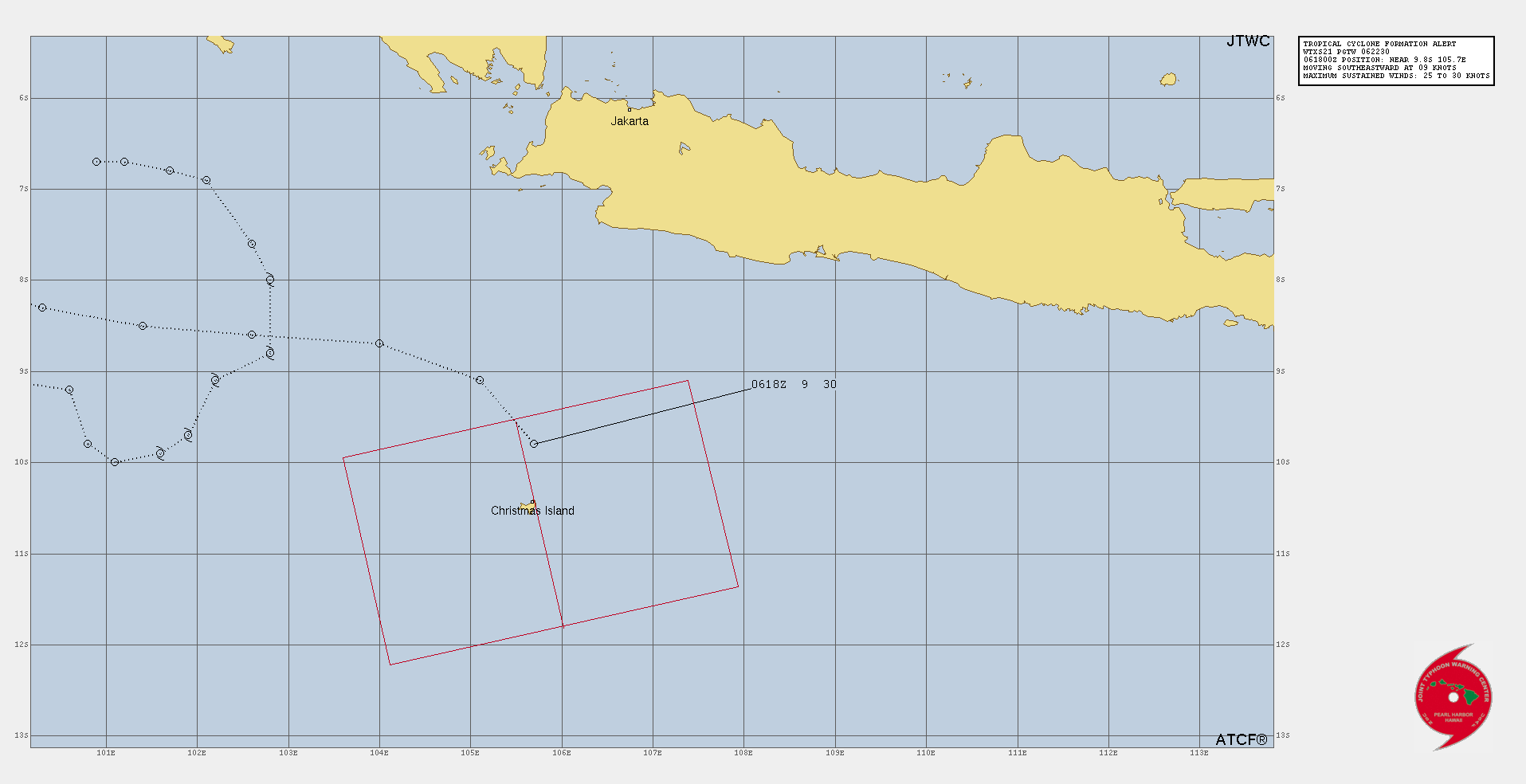 THE AREA OF CONVECTION (INVEST 02S) PREVIOUSLY LOCATED  NEAR 9.1S 105.1E IS NOW LOCATED NEAR 9.8S 105.7E, APPROXIMATELY 70KM  NORTH OF CHRISTMAS ISLAND. AFTER BOOMERANGING AROUND THE INDIAN  OCEAN, THE REMNANTS OF 02S (TERATAI) HAVE MADE A COMEBACK. AN AMSR2  89GHZ MICROWAVE PASS DEPICTS A FLOURISHING CONVECTIVE CENTER OVER A  WELL DEFINED LOW LEVEL CIRCULATION (LLC). ANIMATED MULTISPECTRAL  SATELLITE IMAGERY TELLS A SIMILAR STORY WITH THE BULK OF THE FLARING  CONVECTION SHEARED SLIGHTLY TO THE SOUTH OF THE LLC. OVERALL THE  ENVIRONMENT IS FAVORABLE FOR TROPICAL CYCLONE DEVELOPMENT WITH LOW  TO MODERATE (10-20KTS) VERTICAL WIND SHEAR, WARM SEA SURFACE  TEMPERATURES (28-30 C) AND FAIR POLEWARD OUTFLOW. THE GLOBAL MODELS,  SPECIFICALLY NAVGEM AND GFS, CALL FOR MODEST INTENSIFICATION TO THE  35KT WARNING THRESHOLD, BUT DO NOT INTENSIFY IT MUCH FURTHER.  OVERALL THE CIRCULATION IS EXPECTED TO TRACK WEST-SOUTHWEST WITH  MINIMAL DEVELOPMENT BEYOND WARNING CRITERIA. METAPHORICALLY  SPEAKING, IT'S A FLASH IN A PAN. MAXIMUM SUSTAINED SURFACE WINDS ARE  ESTIMATED AT 25 TO 30 KNOTS. MINIMUM SEA LEVEL PRESSURE IS ESTIMATED  TO BE NEAR 1000 MB. THE POTENTIAL FOR THE DEVELOPMENT OF A  SIGNIFICANT TROPICAL CYCLONE WITHIN THE NEXT 24 HOURS IS UPGRADED TO  HIGH.