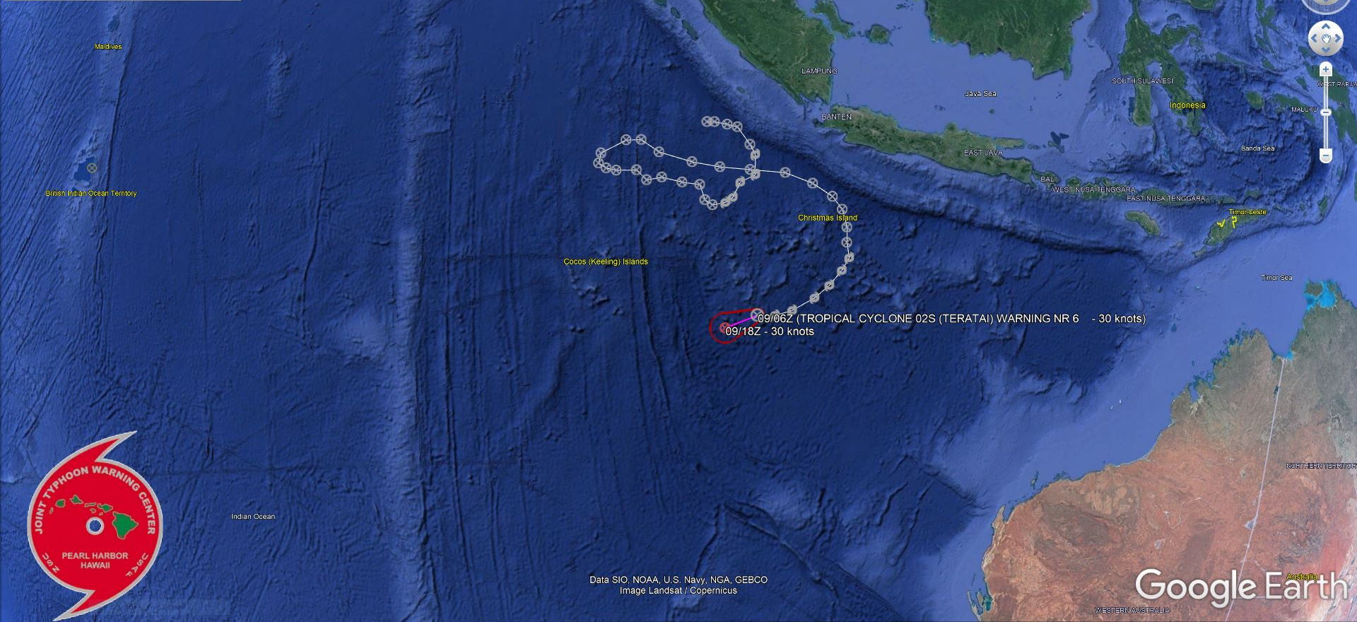 TROPICAL CYCLONE 02S (TERATAI), LOCATED APPROXIMATELY 525  KM SOUTHWEST OF CHRISTMAS ISLAND, HAS TRACKED WESTWARD AT 13 KM/H OVER THE PAST SIX HOURS. A SIX-HOUR ANIMATED MULTISPECTRAL SATELLITE  IMAGERY (MSI) SHOWS A WEAKENED CENTRAL CONVECTION THAT HAS BECOME  MORE OFFSET FROM A PARTIALLY EXPOSED LOW LEVEL CIRCULATION. THE  INITIAL POSITION IS PLACED WITH HIGH CONFIDENCE BASED ON THE MSI  LOOP. THE INITIAL INTENSITY OF 30KTS, EXTRAPOLATED FROM A 090242Z  ASCAT PASS SHOWING MAXIMUM WIND BARBS OF 20KTS WITHIN THE TRAILING  SEMI-CIRCLE, IS HELD HIGHER THAN THE PGTW DVORAK ESTIMATE OF  T1.5/25KTS. ENVIRONMENTAL ANALYSIS INDICATES THE CYCLONE HAS DRIFTED  INTO COOLER (26C) SST AND STRONG (25KT+) RELATIVE VERTICAL WIND  SHEAR AS THE UPPER LEVEL WINDS HAVE BECOME CROSS-PHASED WITH THE  STORM MOTION. TC 02S HAS WEAKENED TO BELOW THE JTWC WARNING  THRESHOLD AND IS NOT EXPECTED TO RECOVER. THIS IS THE FINAL WARNING  ON THIS SYSTEM BY THE JOINT TYPHOON WRNCEN PEARL HARBOR HI.