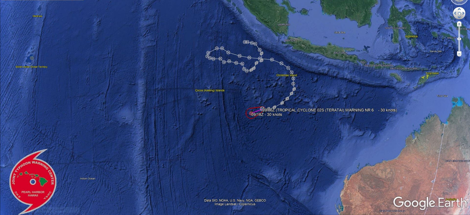 TROPICAL CYCLONE 02S (TERATAI), LOCATED APPROXIMATELY 525  KM SOUTHWEST OF CHRISTMAS ISLAND, HAS TRACKED WESTWARD AT 13 KM/H OVER THE PAST SIX HOURS. A SIX-HOUR ANIMATED MULTISPECTRAL SATELLITE  IMAGERY (MSI) SHOWS A WEAKENED CENTRAL CONVECTION THAT HAS BECOME  MORE OFFSET FROM A PARTIALLY EXPOSED LOW LEVEL CIRCULATION. THE  INITIAL POSITION IS PLACED WITH HIGH CONFIDENCE BASED ON THE MSI  LOOP. THE INITIAL INTENSITY OF 30KTS, EXTRAPOLATED FROM A 090242Z  ASCAT PASS SHOWING MAXIMUM WIND BARBS OF 20KTS WITHIN THE TRAILING  SEMI-CIRCLE, IS HELD HIGHER THAN THE PGTW DVORAK ESTIMATE OF  T1.5/25KTS. ENVIRONMENTAL ANALYSIS INDICATES THE CYCLONE HAS DRIFTED  INTO COOLER (26C) SST AND STRONG (25KT+) RELATIVE VERTICAL WIND  SHEAR AS THE UPPER LEVEL WINDS HAVE BECOME CROSS-PHASED WITH THE  STORM MOTION. TC 02S HAS WEAKENED TO BELOW THE JTWC WARNING  THRESHOLD AND IS NOT EXPECTED TO RECOVER. THIS IS THE FINAL WARNING  ON THIS SYSTEM BY THE JOINT TYPHOON WRNCEN PEARL HARBOR HI. TROPICAL CYCLONE 02S (TERATAI), LOCATED APPROXIMATELY 525  KM SOUTHWEST OF CHRISTMAS ISLAND, HAS TRACKED WESTWARD AT 13 KM/H OVER THE PAST SIX HOURS. A SIX-HOUR ANIMATED MULTISPECTRAL SATELLITE  IMAGERY (MSI) SHOWS A WEAKENED CENTRAL CONVECTION THAT HAS BECOME  MORE OFFSET FROM A PARTIALLY EXPOSED LOW LEVEL CIRCULATION. THE  INITIAL POSITION IS PLACED WITH HIGH CONFIDENCE BASED ON THE MSI  LOOP. THE INITIAL INTENSITY OF 30KTS, EXTRAPOLATED FROM A 090242Z  ASCAT PASS SHOWING MAXIMUM WIND BARBS OF 20KTS WITHIN THE TRAILING  SEMI-CIRCLE, IS HELD HIGHER THAN THE PGTW DVORAK ESTIMATE OF  T1.5/25KTS. ENVIRONMENTAL ANALYSIS INDICATES THE CYCLONE HAS DRIFTED  INTO COOLER (26C) SST AND STRONG (25KT+) RELATIVE VERTICAL WIND  SHEAR AS THE UPPER LEVEL WINDS HAVE BECOME CROSS-PHASED WITH THE  STORM MOTION. TC 02S HAS WEAKENED TO BELOW THE JTWC WARNING  THRESHOLD AND IS NOT EXPECTED TO RECOVER. THIS IS THE FINAL WARNING  ON THIS SYSTEM BY THE JOINT TYPHOON WRNCEN PEARL HARBOR HI.