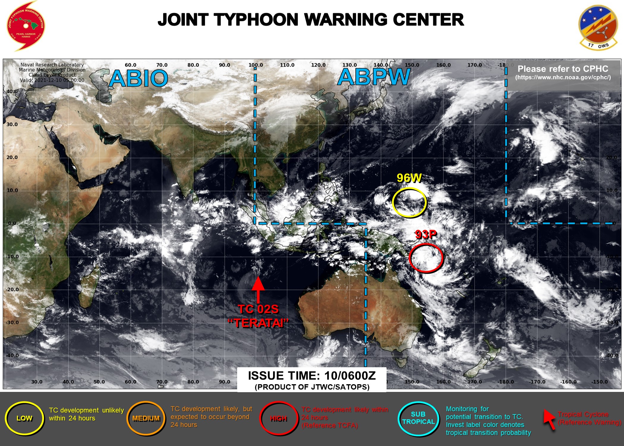 Invest 96W: westward track and intensification next several days// Invest 93P: intensification likely// Remnants TC 02S and Invest 94S, 10/06utc updates