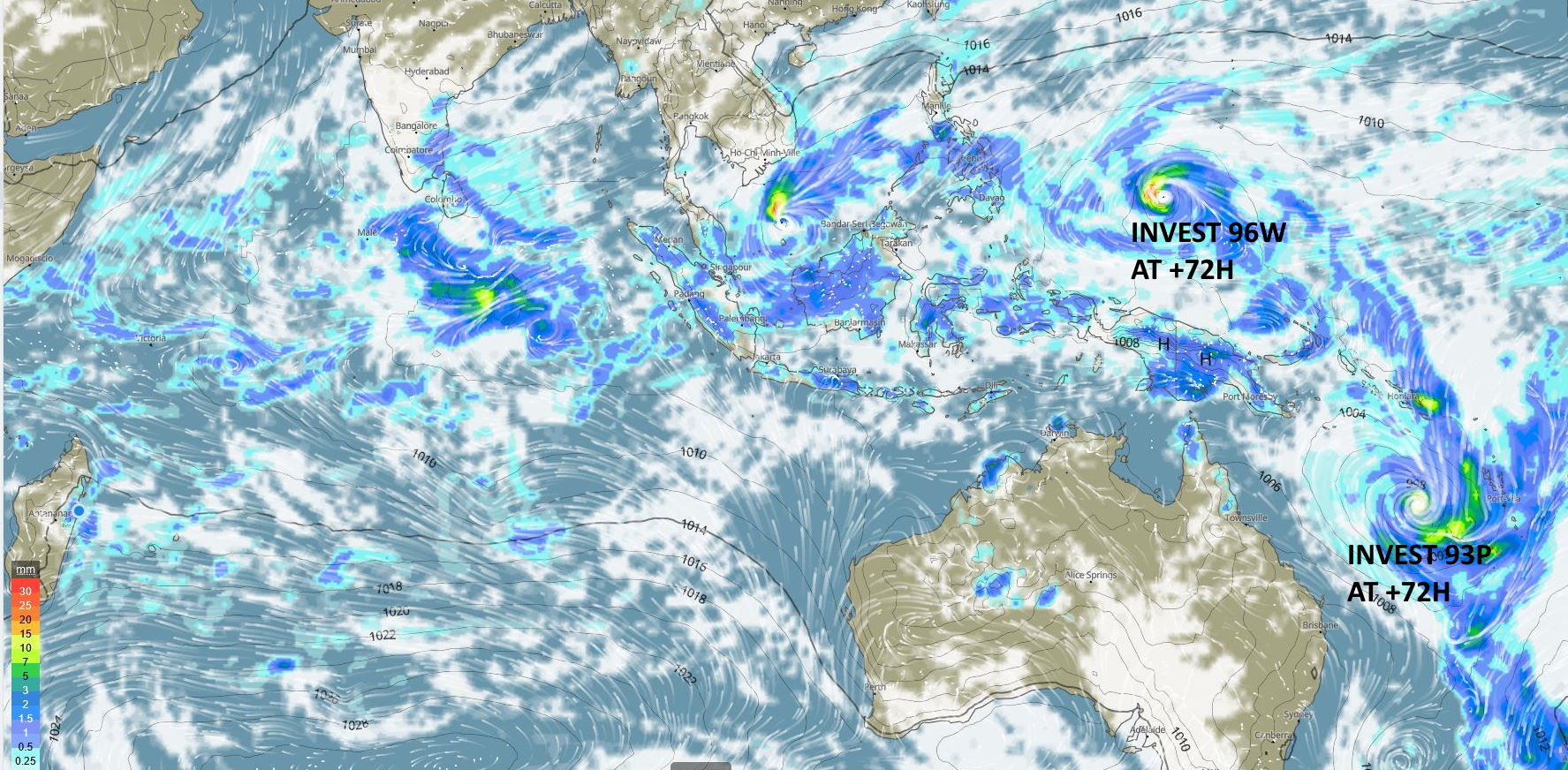 Invest 96W: westward track and intensification next several days// Invest 93P: intensification likely// Remnants TC 02S and Invest 94S, 10/06utc updates