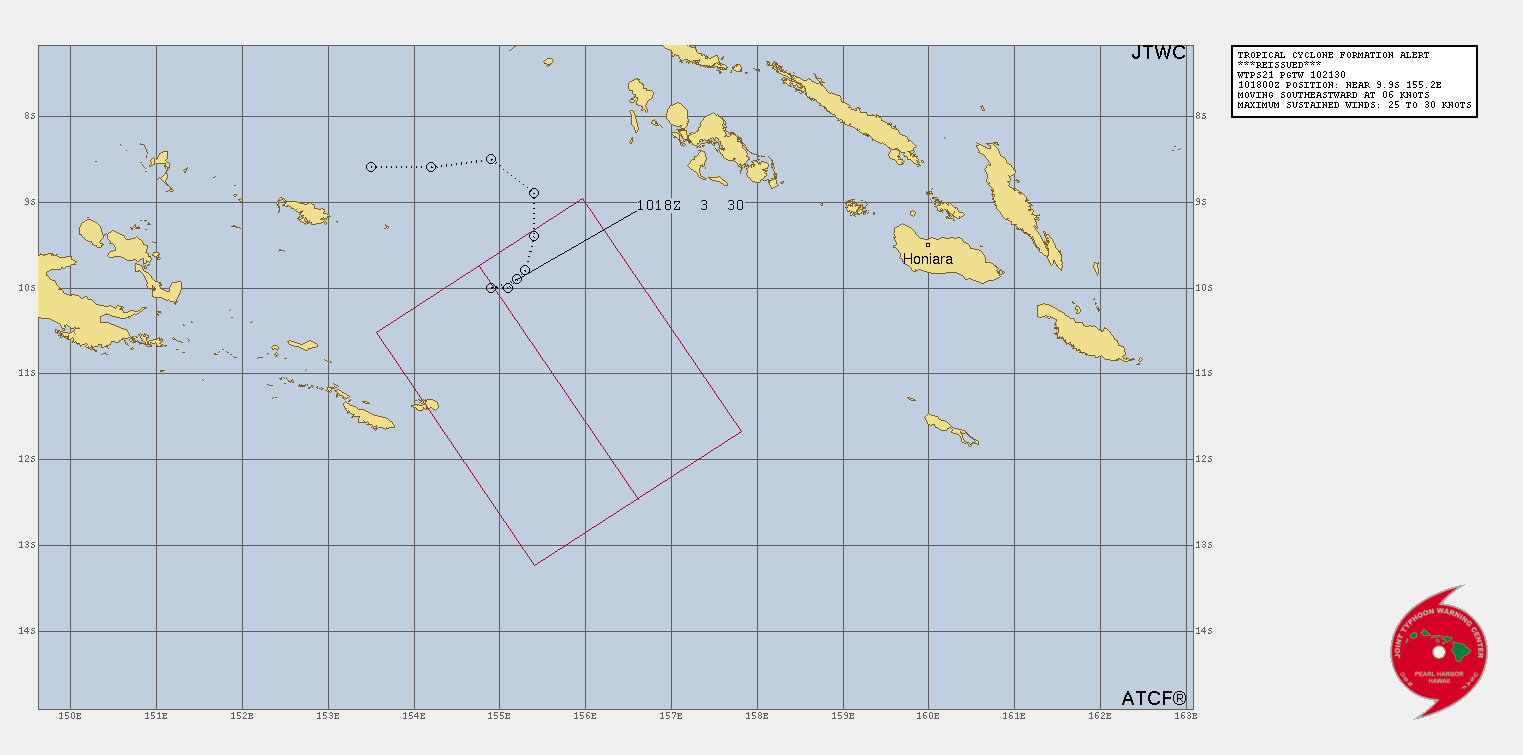 THE AREA OF CONVECTION (INVEST 93P) PREVIOUSLY LOCATED  NEAR 10.4S 155.0E IS NOW LOCATED NEAR 9.9S 155.2E, APPROXIMATELY 525  KM WEST OF HONIARA, SOLOMON ISLANDS. SOUTHEAST OF THE SOLOMON SEA,  THE FIRST FEW FRAMES OF ANIMATED MULTISPECTRAL SATELLITE  IMAGERY (MSI) REVEALS AN AREA OF INTENSE SCATTERED THUNDERSTORM  ACTIVITY WITH A NUMBER OF MID-LEVEL CIRCULATIONS PRESENT.  A LOW  LEVEL CIRCULATION CENTER (LLCC) OBSERVED AT 101800Z PROVIDES GOOD  CONFIDENCE IN POSITIONING DESPITE THE DISORGANIZED APPEARANCE. A  101953Z SSMIS 91H MICROWAVE PASS DEPICTS THE LOW LEVEL WEAK BANDING,  WITH MOST OF THE DEEP CONVECTIVE ACTIVITY SHEARED TO THE SOUTH- SOUTHEAST. THE OVERALL ENVIRONMENT FOR TROPICAL CYCLONE DEVELOPMENT  IS FAVORABLE. 93P IS CURRENTLY QUASI-STATIONARY AND HUNKERING OVER  AN AREA OF VERY WARM SEA SURFACE TEMPERATURES (30-31 C). MODERATE  (20-25 KNOTS) VERTICAL WIND SHEAR IS CURRENTLY IMPEDING THE  CONSOLIDATION OF THE VORTEX. HOWEVER, ROBUST POLEWARD OUTFLOW IS  PROVIDING EXCELLENT EXHAUST. GLOBAL MODELS ARE IN AGREEMENT THAT A  SLIGHT RELAXATION OF THE VERTICAL WIND SHEAR WILL ALLOW 93P TO  DEVELOP INTO A TROPICAL STORM OVER THE NEXT 12-24 HOURS AND TRACK TO  THE SOUTH-SOUTHEAST. MAXIMUM SUSTAINED SURFACE WINDS ARE ESTIMATED  AT 25 TO 30 KNOTS. MINIMUM SEA LEVEL PRESSURE IS ESTIMATED TO BE  NEAR 1000 MB. THE POTENTIAL FOR THE DEVELOPMENT OF A SIGNIFICANT  TROPICAL CYCLONE WITHIN THE NEXT 24 HOURS REMAINS HIGH.