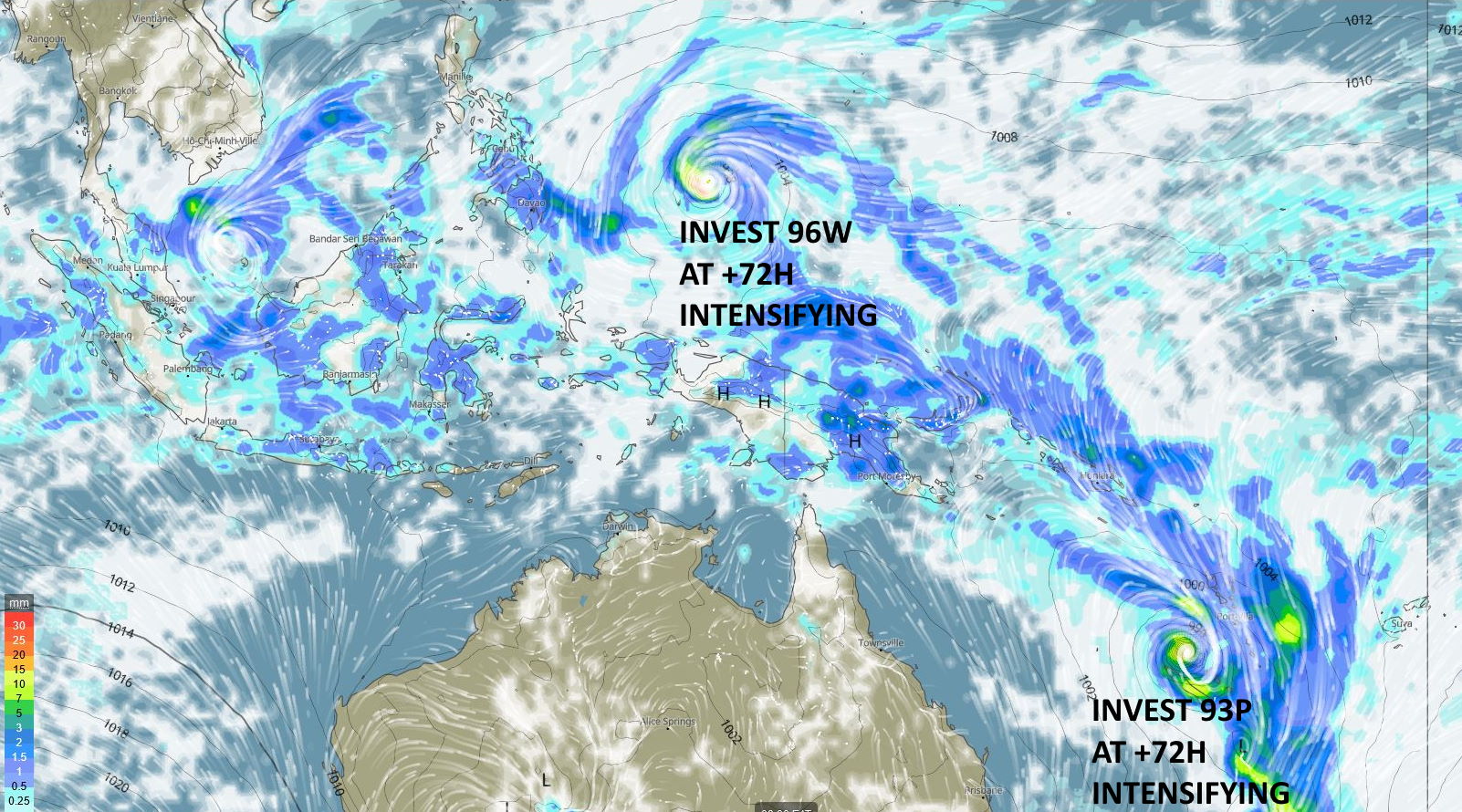 96W up-graded to MEDIUM, development likely next 48hours// 93P: 30knots gradually intensifying//95S and remnants of TC 02S, 11/03utc updates