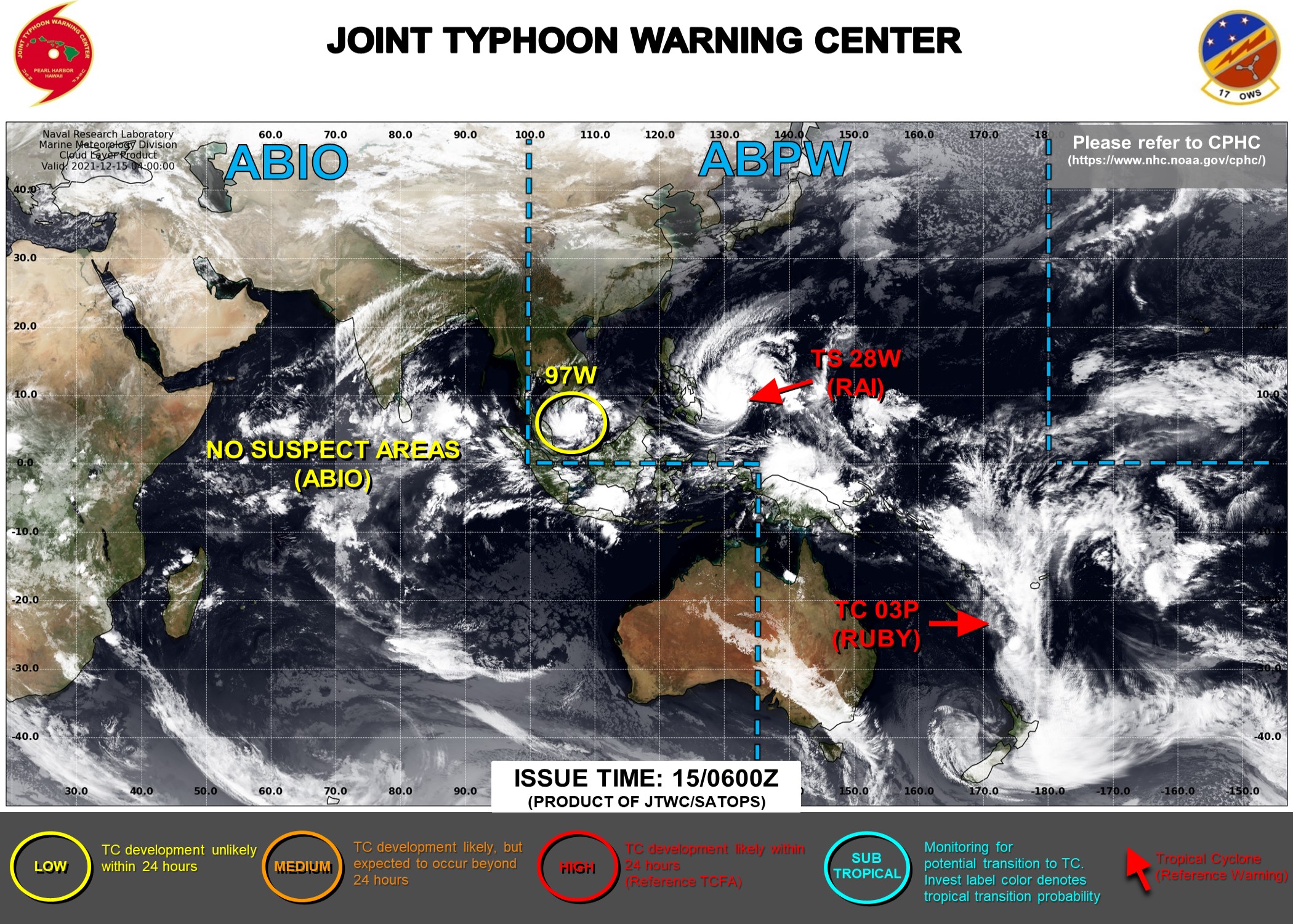 JTWC IS ISSUING 6HOURLY WARNINGS ON 28W(RAI). 6HOURLY WARNINGS WERE TERMINATED ON 03P(RUBY) AT 14/21UTC. 3HOURLY SATELLITE BULLETINS ARE ISSUED ON BOTH SYSTEMS. INVEST 97W IS NOW THE MAP. SEE DETAILS DOWN BELOW. JTWC IS ISSUING 6HOURLY WARNINGS ON 28W(RAI). 6HOURLY WARNINGS WERE TERMINATED ON 03P(RUBY) AT 14/21UTC. 3HOURLY SATELLITE BULLETINS ARE ISSUED ON BOTH SYSTEMS. INVEST 97W IS NOW THE MAP. SEE DETAILS DOWN BELOW.