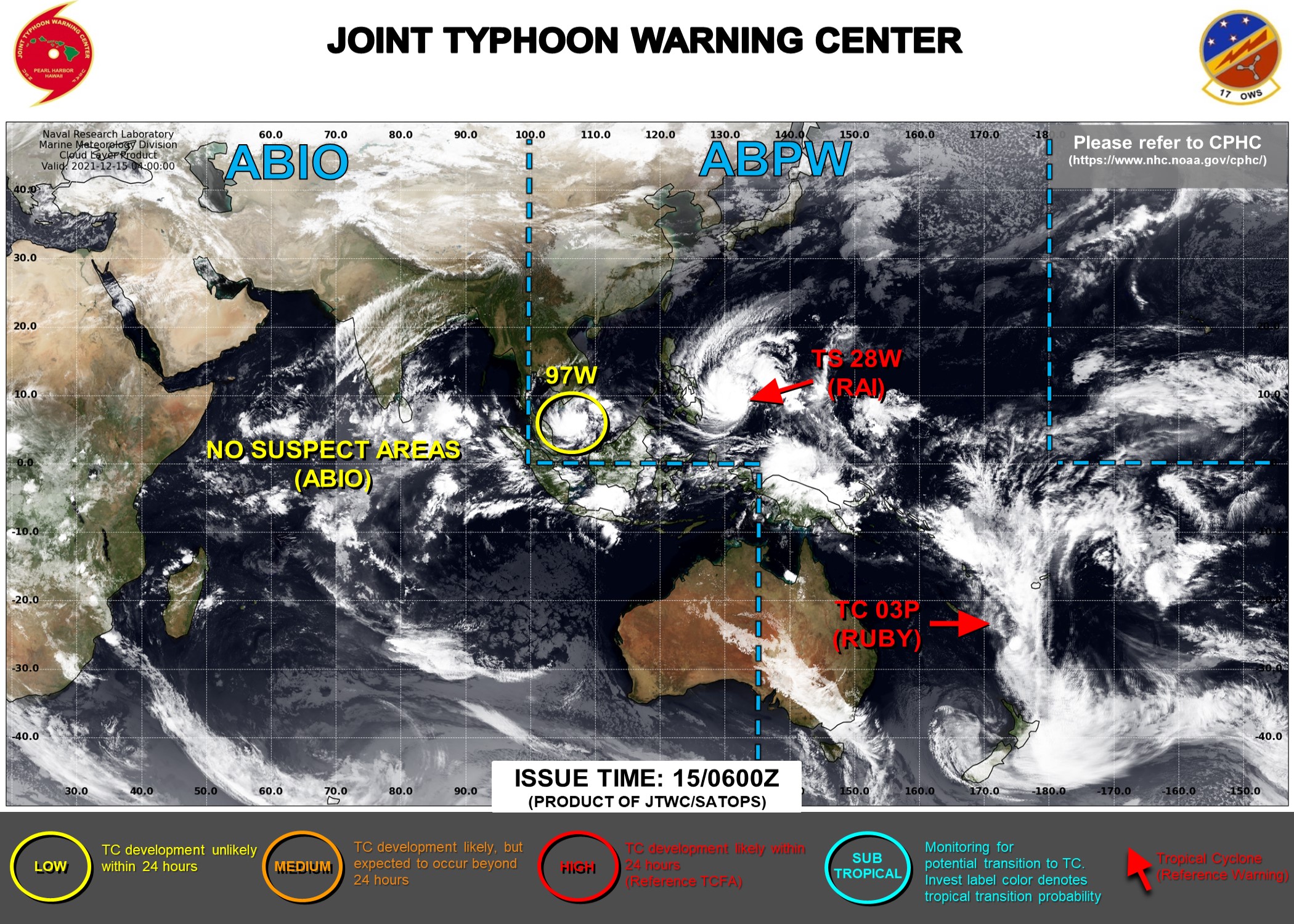 JTWC IS ISSUING 6HOURLY WARNINGS ON 28W(RAI). 6HOURLY WARNINGS WERE TERMINATED ON 03P(RUBY) AT 14/21UTC. 3HOURLY SATELLITE BULLETINS ARE ISSUED ON BOTH SYSTEMS. INVEST 97W IS NOW THE MAP. SEE DETAILS DOWN BELOW.