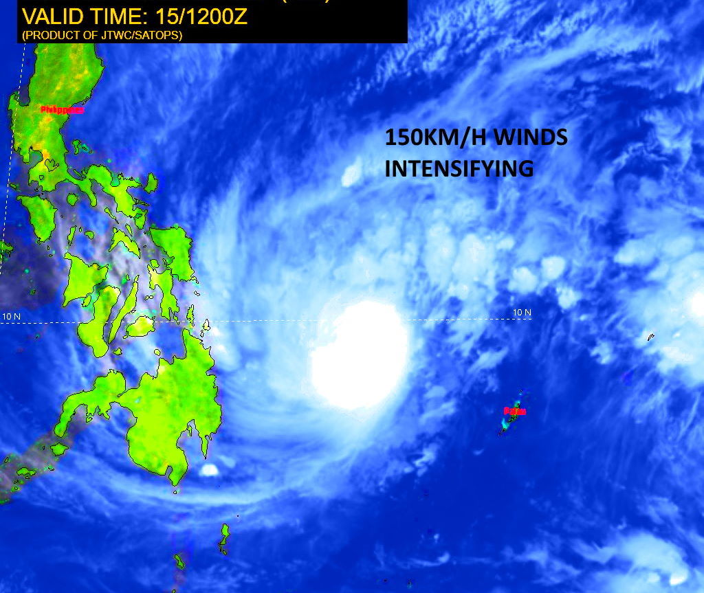 SATELLITE ANALYSIS, INITIAL POSITION AND INTENSITY DISCUSSION: ANIMATED ENHANCED INFRARED (EIR) SATELLITE IMAGERY DEPICTS A DEEPENING SYSTEM WITH A MORE SYMMETRICAL CENTRAL CONVECTION. THE INITIAL POSITION IS PLACED WITH MEDIUM CONFIDENCE BASED ON A 150925Z SSMIS 91GHZ MICROWAVE EYE. THE INITIAL INTENSITY OF 80KTS/CAT 1 IS BASED ON AN OVERALL ASSESSMENT OF AGENCY AND AUTOMATED DVORAK ESTIMATES AND REFLECTS THE IMPROVED STATE OF THE SYSTEM. TY 28W IS IN A FAVORABLE ENVIRONMENT WITH LOW VWS, VERY WARM  SST IN THE PHILIPPINE SEA, AND STRONG POLEWARD AND EQUATORWARD  OUTFLOW. THE CYCLONE IS TRACKING ALONG THE SOUTHERN PERIPHERY OF THE  DEEP-LAYER STR TO THE NORTH. SATELLITE ANALYSIS, INITIAL POSITION AND INTENSITY DISCUSSION: ANIMATED ENHANCED INFRARED (EIR) SATELLITE IMAGERY DEPICTS A DEEPENING SYSTEM WITH A MORE SYMMETRICAL CENTRAL CONVECTION. THE INITIAL POSITION IS PLACED WITH MEDIUM CONFIDENCE BASED ON A 150925Z SSMIS 91GHZ MICROWAVE EYE. THE INITIAL INTENSITY OF 80KTS/CAT 1 IS BASED ON AN OVERALL ASSESSMENT OF AGENCY AND AUTOMATED DVORAK ESTIMATES AND REFLECTS THE IMPROVED STATE OF THE SYSTEM. TY 28W IS IN A FAVORABLE ENVIRONMENT WITH LOW VWS, VERY WARM  SST IN THE PHILIPPINE SEA, AND STRONG POLEWARD AND EQUATORWARD  OUTFLOW. THE CYCLONE IS TRACKING ALONG THE SOUTHERN PERIPHERY OF THE  DEEP-LAYER STR TO THE NORTH.