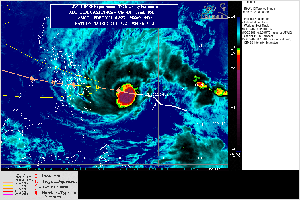 TY 28W(RAI) intensifying, landfall over Surigao/Philippines by 18H, then tracking across the archipelago, peak intensity forecast in 72H, 15/15utc