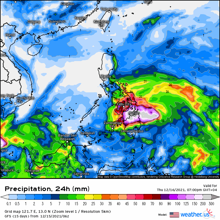 TY 28W(RAI) intensifying, landfall over Surigao/Philippines by 18H, then tracking across the archipelago, peak intensity forecast in 72H, 15/15utc