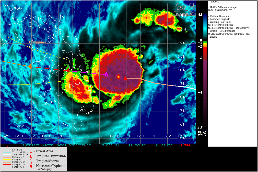 SATELLITE ANALYSIS, INITIAL POSITION AND INTENSITY DISCUSSION: STY 28W HAS UNDERGONE AN IMPRESSIVE RAPID INTENSIFICATION, INCREASING FROM 65 TO 140 KNOTS( CAT 1 TO 5) IN THE LAST 24 HOURS. ANIMATED MULTISPECTRAL SATELLITE IMAGERY (MSI) DEPICTS A COMPACT, 11KM EYE, SURROUNDED BY DEEP CYCLING CONVECTION. CLOUD TOPS HAVE WARMED SLIGHTLY OVER THE LAST COUPLE OF HOURS, BUT THE HIGH RESOLUTION EIR AND MSI SHOW IMPRESSIVE GRAVITY WAVES EMANATING OUT FROM THE EYEWALL CONVECTION. A 152204Z SSMIS 91GHZ IMAGE SHOWED AN INNER EYEWALL WITH A NASCENT SECONDARY EYEWALL BEGINNING TO EMERGE, PARTICULARLY ON THE SOUTH AND EASTERN FLANKS, INDICATING AN IMMINENT EYEWALL REPLACEMENT CYCLE (EWRC). THE INITIAL POSITION IS ASSESSED WITH HIGH CONFIDENCE BASED ON THE 11KM EYE IN THE VISIBLE AND INFRARED IMAGERY AS WELL AS EXTRAPOLATION OF THE MICROWAVE EYE IN THE AFOREMENTIONED MICROWAVE IMAGE. THE INITIAL INTENSITY IS ASSESSED AT A SOMEWHAT GENEROUS 140 KNOTS/CAT 5, ON THE HIGHER END OF THE AGENCY DVORAK CURRENT INTENSITY ESTIMATES, HEDGED HIGHER THAN THE ADT BASED ON THE RAW ADT WHICH AT THE 0000Z WAS T7.5. THE SYSTEM HAS LIKELY REACHED PEAK INTENSITY. THE SYSTEM IS MOVING GENERALLY JUST NORTH OF WEST, BUT THE TROCHOIDAL MOTION ABOUT THE MEAN TRACK MEANS THAT SOME NEAR-TERM VARIATIONS IN THE TRACK ARE TO BE EXPECTED. THE ENVIRONMENT REMAINS HIGHLY FAVORABLE OVERALL, WITH VERY WARM SSTS, HIGH OHC, GOOD WESTWARD AND POLEWARD OUTFLOW AND MODERATE EASTERLY VWS.