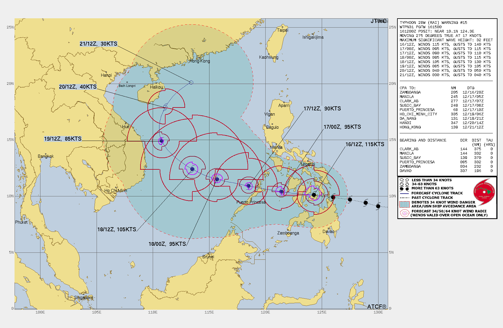 FORECAST REASONING.  SIGNIFICANT FORECAST CHANGES: THERE ARE NO SIGNIFICANT CHANGES TO THE FORECAST FROM THE PREVIOUS WARNING.  FORECAST DISCUSSION: TY 28W WILL CONTINUE TRACKING WEST-NORTHWEST OVER MULTIPLE PHILIPPINE ISLANDS AND THE ISLAND OF PALAWAN THROUGH THE NEXT 24 HOURS AND SLIGHTLY DECREASE INTENSITY AS IT INTERACTS WITH THE ISLANDS. HOWEVER, ONCE THE STORM MOVES WEST OF PALAWAN, IT WILL BEGIN TO TAP INTO A STRONGER POLEWARD OUTFLOW CHANNEL AND  REACH A PEAK INTENSITY OF 105 KNOTS/CAT 3 BY 48H JUST AS IT BEGINS TO TURN NORTH. BY 72H TY RAI WILL ENCOUNTER A NORTHEAST SURGE, ROUND THE RIDGE AXIS AND INDUCT COLD AIR INTO THE SYSTEM. THE COLD DRY AIR AND HIGHER VWS WILL RAPIDLY ERODE THE CORE OF THE SYSTEM THROUGH THE END OF THE FORECAST PERIOD.