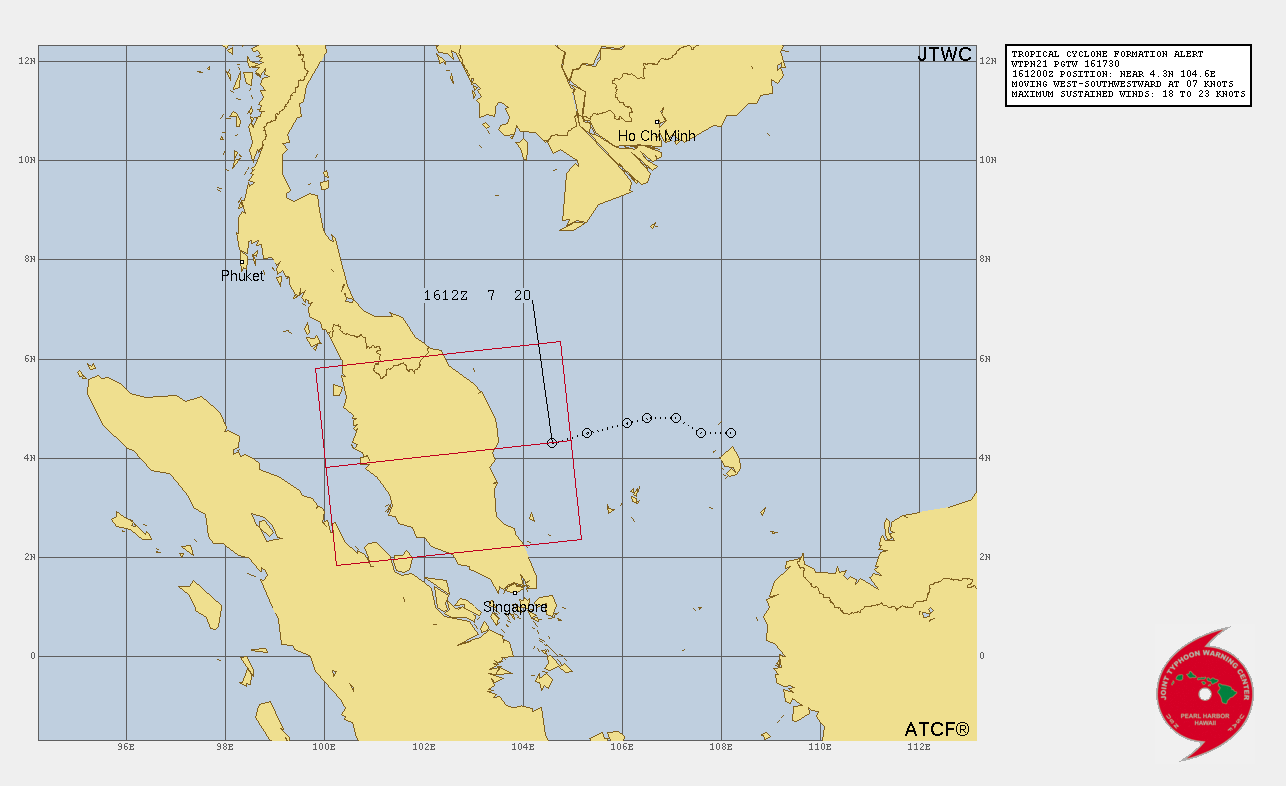 THE AREA OF CONVECTION (INVEST 97W) PREVIOUSLY LOCATED NEAR 4.8N 107.1E IS NOW LOCATED NEAR 4.4N 104.5E APPROXIMATELY 345KM NM NORTH-NORTHEAST OF SINGAPORE. ANIMATED ENHANCED INFRARED SATELLITE IMAGERY DEPICTS A MUDDLED MESS OF THUNDERSTORMS ABOVE AND EAST OF THE MALAY PENINSULA. EASTERN SHEAR FROM THE OUTFLOW OF 28W (TYPHOON RAI) IS APPLYING SIGNIFICANT PRESSURE TO THE CONVECTION ASSOCIATED WITH 97W, PARTIALLY EXPOSING THE LOW LEVEL CIRCULATION CENTER (LLCC). HOWEVER, A 161500Z SHIP OBSERVATION JUST SOUTH OF THE LLCC REPORTED 23KTS FROM THE WEST-SOUTHWEST. ANALYSIS INDICATES THE ENVIRONMENT IS OVERALL FAVORABLE WITH WARM SEA SURFACE TEMPERATURES AND FLOURISHING POLEWARD OUTFLOW, OFFSET BY THE AFOREMENTIONED MODERATE SHEAR (15-20 KTS). DYNAMIC MODELS INDICATE 97W WILL TRACK WEST OVER THE MALAYAN PENINSULA AND INTO THE STRAIT OF MALACCA. AS IT STANDS, INTENSIFICATION WILL BE MINIMAL BEFORE THE SYSTEM MOVES OVER LAND. MAXIMUM SUSTAINED SURFACE WINDS ARE ESTIMATED AT 18 TO 23 KNOTS. MINIMUM SEA LEVEL PRESSURE IS ESTIMATED TO BE NEAR 1005 MB. THE POTENTIAL FOR THE DEVELOPMENT OF A SIGNIFICANT TROPICAL CYCLONE WITHIN THE NEXT 24 HOURS IS HIGH.