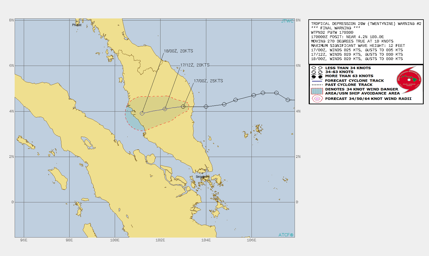 TROPICAL DEPRESSION 29W (TWENTYNINE), LOCATED APPROXIMATELY 350 KM NORTH-NORTHWEST OF SINGAPORE, HAS TRACKED WESTWARD AT 19 KM/H OVER THE PAST SIX HOURS. ANIMATED VISIBLE IMAGERY, RADAR DATA FROM THE MALAYSIA  RADAR NETWORK AND SURFACE OBSERVATIONS FROM KUANTAN, MALAYSIS, INDICATE THAT TD 28W MADE LANDFALL JUST NORTH OF KUANAN NEAR THE 162300Z HOUR AND HAS CONTINUED TO MOVE INLAND. THE ADVANCED DVORAK TECHNIQUE (ADT)  AND SATCON ESTIMATES PRIOR TO LANDFALL WERE AS HIGH AS T2.5, INDICATING THAT THE SYSTEM LIKELY BRIEFLY REACHED AT LEAST 30 KNOTS PRIOR TO  LANDFALL. HOWEVER NOW THAT THE SYSTEM IS OVER LAND, IT IS ALREADY  STARTING TO WEAKEN AND WILL DISSIPATE AS A TROPICAL CYCLONE OVER LAND WITHIN THE NEXT 12 TO 24 PRIOR TO REACHING THE WEST COAST OF MALAYSIA. IT IS LIKELY THAT A WEAK, REMNANT CIRCULATION WILL MOVE OFF THE WEST COAST, BUT IT IS NOT EXPECTED TO REDEVELOP AT THIS TIME. THIS IS THE FINAL WARNING ON THIS SYSTEM BY THE JOINT TYPHOON WRNCEN PEARL HARBOR HI. THE SYSTEM WILL BE CLOSELY MONITORED FOR SIGNS OF REGENERATION. MAXIMUM SIGNIFICANT WAVE HEIGHT AT 170000Z IS 12 FEET.