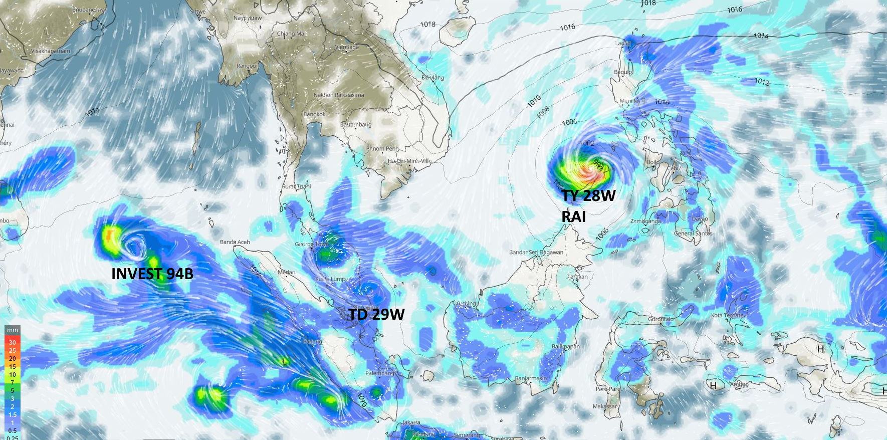 Typhoon 28W(RAI) to pass over Palawan within 12hours,2nd intensity peak forecast in 36hours//TD 29W short-lived Northwest of Singapore,17/03utc