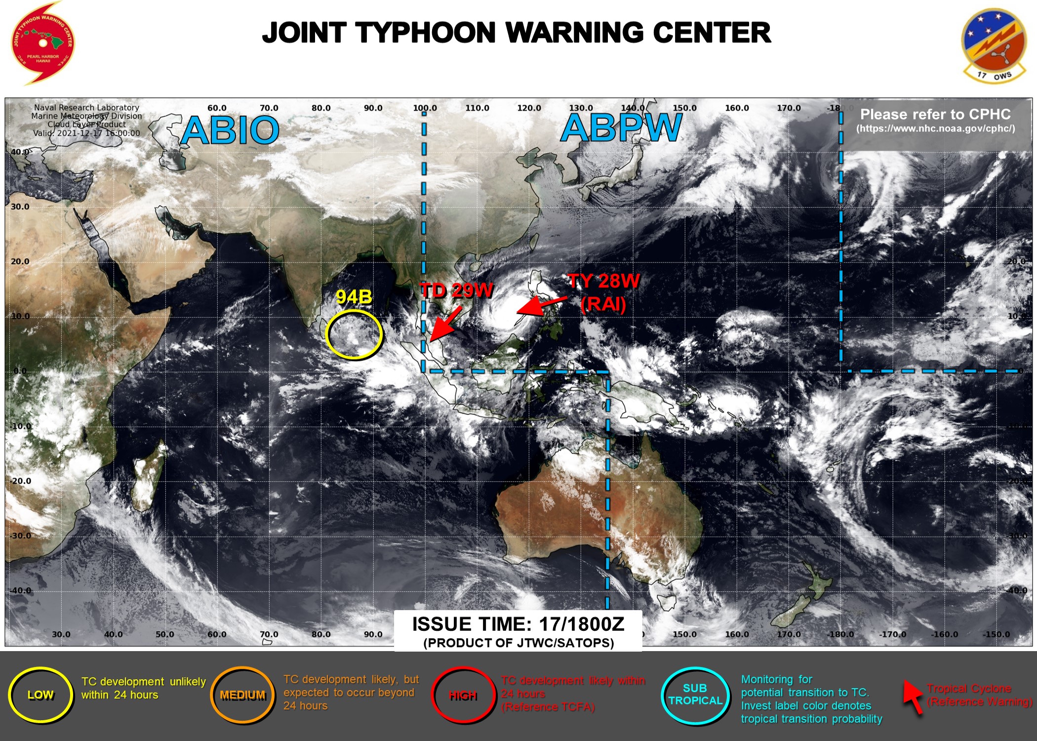JTWC IS ISSUING 6HOURLY WARNINGS AND 3HOURLY SATELLITE BULLETINS ON 28W(RAI). 3HOURLY SATELLITE BULLETINS WERE DISCONTINUED AT 17/1430UTC ON 29W.