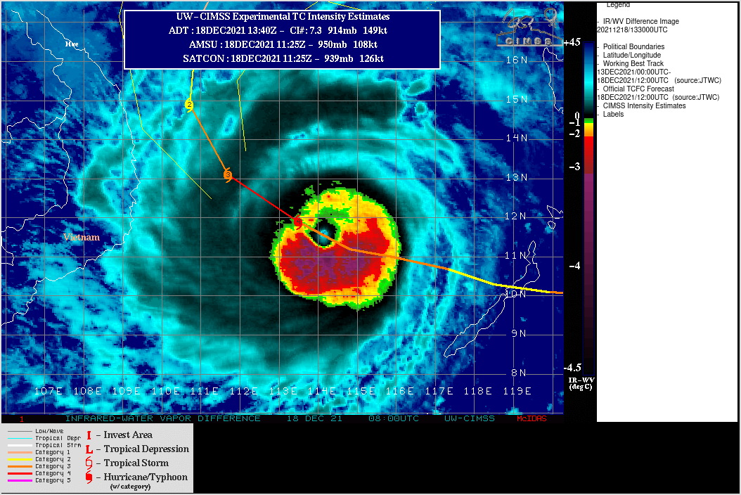 SATELLITE ANALYSIS, INITIAL POSITION AND INTENSITY DISCUSSION: ANIMATED ENHANCED INFRARED SATELLITE IMAGERY (EIR) DEPICTS A BROAD, SYMMETRIC SYSTEM THAT HAS DEVELOPED AN EYE ABOUT 45-55 KM IN DIAMETER. TY 28W IS IN A MARGINALLY FAVORABLE ENVIRONMENT WITH STRONG EQUATORWARD AND POLEWARD OUTFLOW ALOFT, MODERATE (15-25 KTS) VERTICAL WIND SHEAR, AND WARM (27-28 C) SEA SURFACE TEMPERATURES. THE INITIAL POSITION AND INITIAL INTENSITY OF 115 KTS/CAT 4 IS BASED ON THE PGTW POSITION FIX AND DVORAK CURRENT INTENSITY ESTIMATE OF T6.0 (115 KTS). SATELLITE ANALYSIS, INITIAL POSITION AND INTENSITY DISCUSSION: ANIMATED ENHANCED INFRARED SATELLITE IMAGERY (EIR) DEPICTS A BROAD, SYMMETRIC SYSTEM THAT HAS DEVELOPED AN EYE ABOUT 45-55 KM IN DIAMETER. TY 28W IS IN A MARGINALLY FAVORABLE ENVIRONMENT WITH STRONG EQUATORWARD AND POLEWARD OUTFLOW ALOFT, MODERATE (15-25 KTS) VERTICAL WIND SHEAR, AND WARM (27-28 C) SEA SURFACE TEMPERATURES. THE INITIAL POSITION AND INITIAL INTENSITY OF 115 KTS/CAT 4 IS BASED ON THE PGTW POSITION FIX AND DVORAK CURRENT INTENSITY ESTIMATE OF T6.0 (115 KTS).