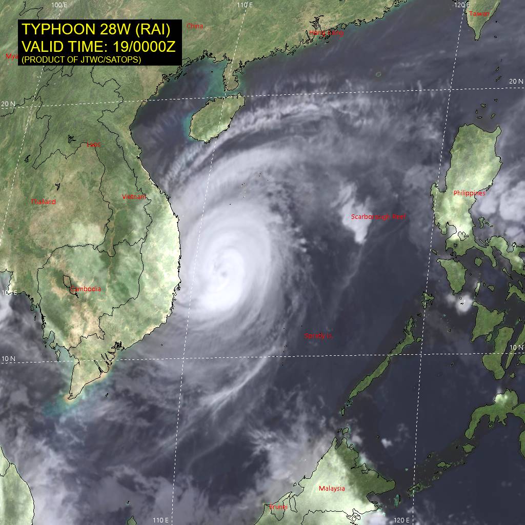 SATELLITE ANALYSIS, INITIAL POSITION AND INTENSITY DISCUSSION: AFTER A PERIOD OF RAPID INTENSIFICATION, TY RAI IS NOW SHOWING SIGNS OF WEAKENING ALTHOUGH STILL A VERY POWERFUL TROPICAL CYCLONE. ANIMATED MULTI-SPECTRAL SATELLITE IMAGERY (MSI) DEPICTS AN ASYMMETRIC SYSTEM WITH AN EYE FEATURE THAT HAS FILLED OVER THE PAST 6 HOURS. TY 28W IS NOW IN A MARGINALLY UNFAVORABLE ENVIRONMENT WITH STRONG POLEWARD OUTFLOW ALOFT, OFFSET BY MODERATE (20-25 KTS) 200-850MB VERTICAL WIND SHEAR (VWS), AND RELATIVELY COOLER (25-26 C) SEA SURFACE TEMPERATURES. THE INITIAL POSITION IS PLACED WITH HIGH CONFIDENCE BASED VISIBLE SATELLITE IMAGERY AND A 182304Z SSMIS 91GHZ PASS. THE INITIAL INTENSITY OF 125 KTS/CAT 4 IS SET WITH MEDIUM CONFIDENCE BASED ON DECAYING STRUCTURE NOTED IN AFOREMENTIONED MSI. IN ADDITION, THE INITIAL INTENSITY IS AVERAGED BETWEEN MULTI-AGENCY AND AUTOMATED DVORAK ESTIMATES. SATELLITE ANALYSIS, INITIAL POSITION AND INTENSITY DISCUSSION: AFTER A PERIOD OF RAPID INTENSIFICATION, TY RAI IS NOW SHOWING SIGNS OF WEAKENING ALTHOUGH STILL A VERY POWERFUL TROPICAL CYCLONE. ANIMATED MULTI-SPECTRAL SATELLITE IMAGERY (MSI) DEPICTS AN ASYMMETRIC SYSTEM WITH AN EYE FEATURE THAT HAS FILLED OVER THE PAST 6 HOURS. TY 28W IS NOW IN A MARGINALLY UNFAVORABLE ENVIRONMENT WITH STRONG POLEWARD OUTFLOW ALOFT, OFFSET BY MODERATE (20-25 KTS) 200-850MB VERTICAL WIND SHEAR (VWS), AND RELATIVELY COOLER (25-26 C) SEA SURFACE TEMPERATURES. THE INITIAL POSITION IS PLACED WITH HIGH CONFIDENCE BASED VISIBLE SATELLITE IMAGERY AND A 182304Z SSMIS 91GHZ PASS. THE INITIAL INTENSITY OF 125 KTS/CAT 4 IS SET WITH MEDIUM CONFIDENCE BASED ON DECAYING STRUCTURE NOTED IN AFOREMENTIONED MSI. IN ADDITION, THE INITIAL INTENSITY IS AVERAGED BETWEEN MULTI-AGENCY AND AUTOMATED DVORAK ESTIMATES.
