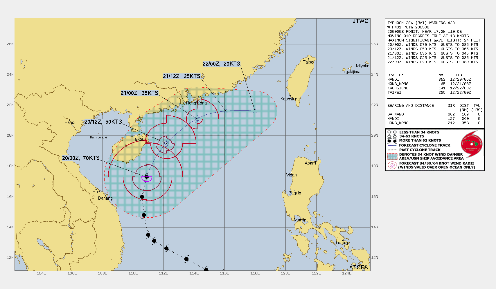 FORECAST REASONING.  SIGNIFICANT FORECAST CHANGES: THERE ARE NO SIGNIFICANT CHANGES TO THE FORECAST FROM THE PREVIOUS WARNING. HOWEVER THE WARNING HAS BEEN TRUNCATED TO 48 HOURS.   FORECAST DISCUSSION: TY 28W CONTINUES ITS PRECIPITOUS WEAKENING TREND. THE SYSTEM IS FORECAST TO CONTINUE TRACKING NORTHEAST THROUGH THE NEXT 12 HOURS THEN TURN EASTWARD IN A GRACEFUL ARC THROUGH 48H. AS THE SYSTEM WEAKENS AND THE LOW LEVEL CENTER BECOMES EXPOSED, THE SYSTEM WILL SLOW DOWN AND TURN EASTWARD UNDER THE INFLUENCE OF THE LOWER LEVEL FLOW. SHEAR IS ALREADY AT 20 KNOTS OR SLIGHTLY HIGHER BASED ON THE CIMSS ANALYSIS, AND WILL ONLY GET WORSE FROM HERE ON OUT. BY 12H SHEAR IS EXPECTED TO BE ABOVE 35 KNOTS AS THE SYSTEM STARTS TO FEEL THE SOUTHERN SIDE OF THE STRONG WESTERLIES PRESENT IN A BAND OVER CENTRAL CHINA. BY 24H, IF NOT BEFORE, THE SHEAR WILL DECAPITATE TY 28W, EXPOSE THE LLCC AND INITIATE THE SYSTEMS DEMISE. THE RESIDUAL CIRCULATION WILL TAKE SOME TIME TO SPIN DOWN TO LESS THAN 25 KNOTS, BUT NEVERTHELESS, IT IS EXPECTED TO FULLY DISSIPATE BELOW WARNING THRESHOLD NO LATER THAN 48H, TO THE SOUTHWEST OF TAIWAN. FORECAST REASONING.  SIGNIFICANT FORECAST CHANGES: THERE ARE NO SIGNIFICANT CHANGES TO THE FORECAST FROM THE PREVIOUS WARNING. HOWEVER THE WARNING HAS BEEN TRUNCATED TO 48 HOURS.   FORECAST DISCUSSION: TY 28W CONTINUES ITS PRECIPITOUS WEAKENING TREND. THE SYSTEM IS FORECAST TO CONTINUE TRACKING NORTHEAST THROUGH THE NEXT 12 HOURS THEN TURN EASTWARD IN A GRACEFUL ARC THROUGH 48H. AS THE SYSTEM WEAKENS AND THE LOW LEVEL CENTER BECOMES EXPOSED, THE SYSTEM WILL SLOW DOWN AND TURN EASTWARD UNDER THE INFLUENCE OF THE LOWER LEVEL FLOW. SHEAR IS ALREADY AT 20 KNOTS OR SLIGHTLY HIGHER BASED ON THE CIMSS ANALYSIS, AND WILL ONLY GET WORSE FROM HERE ON OUT. BY 12H SHEAR IS EXPECTED TO BE ABOVE 35 KNOTS AS THE SYSTEM STARTS TO FEEL THE SOUTHERN SIDE OF THE STRONG WESTERLIES PRESENT IN A BAND OVER CENTRAL CHINA. BY 24H, IF NOT BEFORE, THE SHEAR WILL DECAPITATE TY 28W, EXPOSE THE LLCC AND INITIATE THE SYSTEMS DEMISE. THE RESIDUAL CIRCULATION WILL TAKE SOME TIME TO SPIN DOWN TO LESS THAN 25 KNOTS, BUT NEVERTHELESS, IT IS EXPECTED TO FULLY DISSIPATE BELOW WARNING THRESHOLD NO LATER THAN 48H, TO THE SOUTHWEST OF TAIWAN.