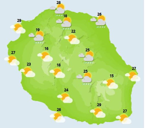 VENDREDI 24  En tout début de matinée, quelques entrées maritimes sont encore possibles sur le littoral Nord-Ouest du département et le long des premières pentes respectives. Ailleurs, le temps est sec avec quelques passages de nuages élevés inoffensifs toujours d'actualité. En cours de matinée, les nuages prennent l'assaut des pentes intérieures et des averses s'y déclenchent avant la fin de matinée. Elles sont localement modérées dans la région du volcan et peuvent même prendre un caractère orageux dans les hauts de Sainte-Rose et de Saint-Benoît dès la mi-journée. En fin de journée, les averses s'estompent dans l'Est et de nouvelles averses sont attendues de Saint-Paul en remontant vers Sainte-Marie durant la nuit du Réveillon. Plus à l'Est, le temps reste sec. Les températures maximales sont comprises entre 28 et 31°C sur le littoral, atteignent 25°C à Cilaos et 18°C au Maïdo ou au Pas de Bellecombe-Jacob. Le vent de Nord-Ouest souffle modérément sur les côtes du Sud-Ouest et du Nord-Est de l'île en journée et faiblit la nuit suivante. Les brises sont en place de Saint-Denis à la Pointe des Trois-Bassins. La mer est agitée aux endroits ventés, peu agitée ailleurs. Pas de houle significative.