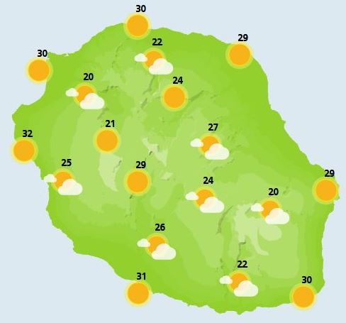 SAMEDI 25  Le Père Noẽl est passé, les yeux des marmailles s'illuminent à la vue des cadeaux, ceux des grands s'illuminent à la vue du beau ciel bleu qui accompagne la Réunion au lever du jour. Le petit répit sec observé hier se confirme donc et on se dirige vers un temps assez conforme à une belle journée d'été. Du soleil et une grosse chaleur en matinée, tempérée quelque peu l'après-midi par une présence nuageuse assez dense en montagne. Tout comme vendredi, les averses diurnes se réservent les alentours de Sainte-Rose. L'observation de la coulée est préférable le matin. Le vent de Nord-Ouest à Ouest garde une belle allure près des plages et dans les environs de Saint-Pierre, 50 à 60 km/h en rafales. La mer est légèrement chahutée dans le Sud mais pas de houle significative. Les thermomètres affichent toujours des températures bien au delà de la Normale d'une fin décembre avec des valeurs proches de 30 degrés dans les Cirques par exemple !