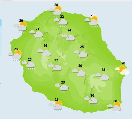 DIMANCHE 26  Pour cette journée dominicale, il faut s'attendre à une ambiance très humide avec très peu voire même pas de soleil pour la majorité de notre île. De plus, ces nuages sont souvent accompagnés de pluies et averses pouvant localement être de bonne intensité notamment dans les hauts de l'Est avec même une menace orageuse comme vers le volcan. On peut donc s'attendre à de bons arrosages par endroits. L'humidité ambiante et la présence nuageuse limitent la hausse des températures. Elles conservent malgré tout leur caractère estival dans une atmosphère très moite. Les brises sont majoritaires avec tout de même quelques rafales de secteur Ouest vers le Chef-Lieu, sur le Sud Sauvage ainsi que sur les crêtes, 40 voire 50 km/h en pointes. Les conditions de mer sont paisibles avec une petite houle de Sud-Sud-Ouest comprise entre 1 mètre 50 et 2 mètres.