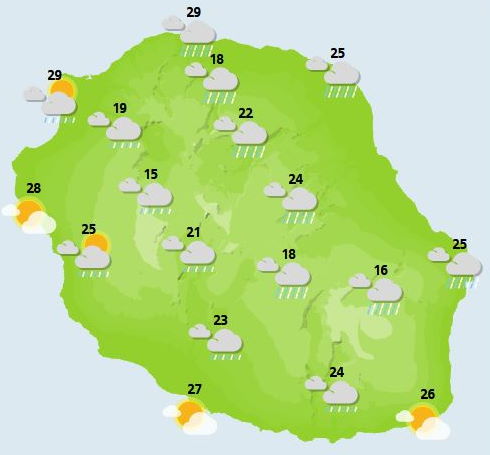 LUNDI 27  En début de matinée, soleil majoritaire mais grisailles et humidité sur les flancs Sud et Est du volcan. Ensuite, au fil des heures, les développements nuageux s'imposent et de fréquentes averses sont attendues dans l'intérieur; elles semblent épargner le littoral Ouest et Sud-ouest. En revanche, elles débordent vers les Côtes Nord et Est. Peu d'évolution des températures avec tout au plus 1 à 2 °C de moins. Avec l'orientation du vent au Sud-Est, retour des rafales de Saint-Joseph à l'Étang-Salé et de Saint-Benoit à Sainte-Marie. Mer belle à peu agitée à l'abri du vent et peu agitée à agité au vent et au déferlement de la petite houle de Sud-Sud-Ouest.