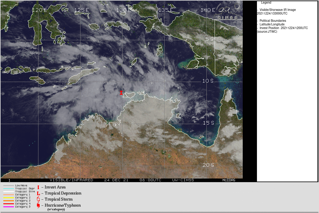 THE AREA OF CONVECTION (INVEST 97S) PREVIOUSLY LOCATED  NEAR 9.4S 130.3E IS NOW LOCATED NEAR 11.1S 129.9E, APPROXIMATELY 190  KM NORTH OF DARWIN, AUSTRALIA. ANIMATED ENHANCED INFRARED SATELLITE  IMAGERY DEPICTS FRAGMENTED BUT FORMATIVE RAIN BANDS FEEDING INTO A  PARTIALLY EXPOSED LOW LEVEL CIRCULATION (LLC).  A 241235Z ASCAT PSS  AND NEARBY SURFACE OBSERVATIONS INDICATE 20-25KT WINDS ALONG THE  NORTHEAST PERIPHERY OF THE LLC. ENVIRONMENTAL ANALYSIS INDICATES  FAVORABLE CONDITIONS FOR DEVELOPMENT WITH STRONG POLEWARD AND  EQUATORWARD OUTFLOW ALOFT, LOW TO MODERATE (10-15KT) VERTICAL WIND  SHEAR, AND VERY WARM (30-32C) SEA SURFACE TEMPERATURES. GLOBAL  MODELS ARE IN STRONG AGREEMENT THAT 97S WILL INTENSIFY AND  CONSOLIDATE OVER THE NEXT 24 TO 48 HOURS; HOWEVER, THEY ARE SPLIT ON  THE TRACK. CMC, GFS AND ITS ENSEMBLES HAVE A MORE EAST-SOUTHEASTWARD  TRACK INTO THE GULF OF CARPENTARIA (GOC), WHILE NAVGEM AND ECMWF  HAVE A MORE SOUTH-SOUTHEASTWARD TRACK OVER AUSTRALIA JUST SOUTH OF  THE GOC. MAXIMUM SUSTAINED SURFACE WINDS ARE ESTIMATED AT 20 TO 25  KNOTS. MINIMUM SEA LEVEL PRESSURE IS ESTIMATED TO BE NEAR 1002 MB.  THE POTENTIAL FOR THE DEVELOPMENT OF A SIGNIFICANT TROPICAL CYCLONE  WITHIN THE NEXT 24 HOURS IS UPGRADED TO MEDIUM.