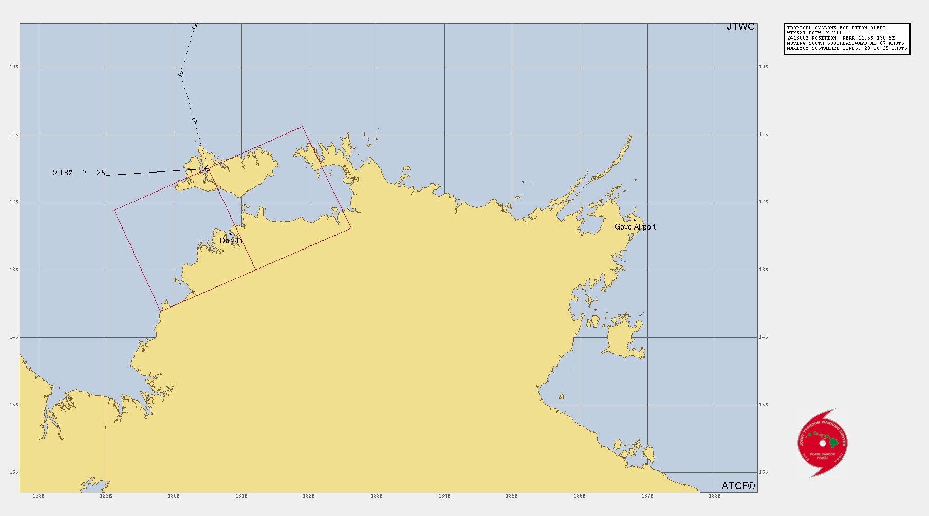 Invest 97S: Tropical Cyclone Formation Alert North of Darwin, 24/2130utc