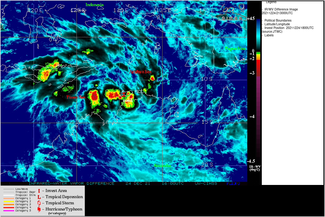 THE AREA OF CONVECTION (INVEST 97S) PREVIOUSLY LOCATED  NEAR 10.8S 130.3 E IS NOW LOCATED NEAR 11.5S 130.5E, APPROXIMATELY  115 KM NORTH-NORTHWEST OF DARWIN, AUSTRALIA. ANIMATED ENHANCED  INFRARED SATELLITE IMAGERY DEPICTS FRAGMENTED BUT FORMATIVE RAIN  BANDS FEEDING INTO A CONSOLIDATING LLCC WITH DEEP CONVECTION IN THE  SOUTHERN SEMICIRCLE. A 241323Z ASCAT PASS AND NEARBY SURFACE  OBSERVATIONS INDICATE 20-25KT WINDS ALONG THE SOUTHWEST PERIPHERY OF  THE LLC. ENVIRONMENTAL ANALYSIS INDICATES FAVORABLE CONDITIONS FOR  DEVELOPMENT WITH STRONG POLEWARD AND EQUATORWARD OUTFLOW ALOFT, LOW  TO MODERATE (10-15KT) VERTICAL WIND SHEAR, AND VERY WARM (30-32C)  SEA SURFACE TEMPERATURES. GLOBAL MODELS ARE IN STRONG AGREEMENT ON  THE INTENSIFICATION OF 97S AND CONCUR THAT THE INVEST WILL TRACK  OVER LAND IN THE NEXT 24-48 HOURS. MAXIMUM SUSTAINED SURFACE WINDS  ARE ESTIMATED AT 20 TO 25 KNOTS. MINIMUM SEA LEVEL PRESSURE IS  ESTIMATED TO BE NEAR 1002 MB. THE POTENTIAL FOR THE DEVELOPMENT OF A  SIGNIFICANT TROPICAL CYCLONE WITHIN THE NEXT 24 HOURS IS UPGRADED TO  HIGH. THE AREA OF CONVECTION (INVEST 97S) PREVIOUSLY LOCATED  NEAR 10.8S 130.3 E IS NOW LOCATED NEAR 11.5S 130.5E, APPROXIMATELY  115 KM NORTH-NORTHWEST OF DARWIN, AUSTRALIA. ANIMATED ENHANCED  INFRARED SATELLITE IMAGERY DEPICTS FRAGMENTED BUT FORMATIVE RAIN  BANDS FEEDING INTO A CONSOLIDATING LLCC WITH DEEP CONVECTION IN THE  SOUTHERN SEMICIRCLE. A 241323Z ASCAT PASS AND NEARBY SURFACE  OBSERVATIONS INDICATE 20-25KT WINDS ALONG THE SOUTHWEST PERIPHERY OF  THE LLC. ENVIRONMENTAL ANALYSIS INDICATES FAVORABLE CONDITIONS FOR  DEVELOPMENT WITH STRONG POLEWARD AND EQUATORWARD OUTFLOW ALOFT, LOW  TO MODERATE (10-15KT) VERTICAL WIND SHEAR, AND VERY WARM (30-32C)  SEA SURFACE TEMPERATURES. GLOBAL MODELS ARE IN STRONG AGREEMENT ON  THE INTENSIFICATION OF 97S AND CONCUR THAT THE INVEST WILL TRACK  OVER LAND IN THE NEXT 24-48 HOURS. MAXIMUM SUSTAINED SURFACE WINDS  ARE ESTIMATED AT 20 TO 25 KNOTS. MINIMUM SEA LEVEL PRESSURE IS  ESTIMATED TO BE NEAR 1002 MB. THE POTENTIAL FOR THE DEVELOPMENT OF A  SIGNIFICANT TROPICAL CYCLONE WITHIN THE NEXT 24 HOURS IS UPGRADED TO  HIGH.