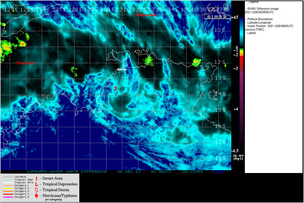 THE AREA OF CONVECTION (INVEST 97S) PREVIOUSLY LOCATED  NEAR 11.5S 130.5E IS NOW LOCATED NEAR 12.9S 130.4E, APPROXIMATELY 70  KM SOUTHWEST OF DARWIN, AUSTRALIA. ANIMATED ENHANCED INFRARED (EIR)  SATELLITE IMAGERY DEPICTS A BROAD AREA OF SOMEWHAT ORGANIZED  CONVECTION ROTATING AROUND AN ASSESSED LOW LEVEL CIRCULATION CENTER  (LLCC). RADAR ANALYSIS INDICATES THAT INVEST 97S HAS MADE LANDFALL  ALONG THE WESTERN SHORE OF THE TOP END REGION OF AUSTRALIA. ALBEIT  OVER LAND, JTWC HAS DOWNGRADED THE INVEST TO A LOW. GLOBAL MODELS  AGREE THAT THE VORTEX WILL TRACK TO THE EAST-SOUTHEAST WITH THE  SLIGHT POSSIBILITY OF RE-INTENSIFICATION OVER THE GULF OF  CARPENTARIA IN APPROXIMATELY 48-72 HOURS. MAXIMUM SUSTAINED SURFACE  WINDS ARE ESTIMATED AT 25 TO 30 KNOTS. MINIMUM SEA LEVEL PRESSURE IS  ESTIMATED TO BE NEAR 998 MB. THE POTENTIAL FOR THE DEVELOPMENT OF A  SIGNIFICANT TROPICAL CYCLONE WITHIN THE NEXT 24 HOURS IS DOWNGRADED  TO LOW. THE AREA OF CONVECTION (INVEST 97S) PREVIOUSLY LOCATED  NEAR 11.5S 130.5E IS NOW LOCATED NEAR 12.9S 130.4E, APPROXIMATELY 70  KM SOUTHWEST OF DARWIN, AUSTRALIA. ANIMATED ENHANCED INFRARED (EIR)  SATELLITE IMAGERY DEPICTS A BROAD AREA OF SOMEWHAT ORGANIZED  CONVECTION ROTATING AROUND AN ASSESSED LOW LEVEL CIRCULATION CENTER  (LLCC). RADAR ANALYSIS INDICATES THAT INVEST 97S HAS MADE LANDFALL  ALONG THE WESTERN SHORE OF THE TOP END REGION OF AUSTRALIA. ALBEIT  OVER LAND, JTWC HAS DOWNGRADED THE INVEST TO A LOW. GLOBAL MODELS  AGREE THAT THE VORTEX WILL TRACK TO THE EAST-SOUTHEAST WITH THE  SLIGHT POSSIBILITY OF RE-INTENSIFICATION OVER THE GULF OF  CARPENTARIA IN APPROXIMATELY 48-72 HOURS. MAXIMUM SUSTAINED SURFACE  WINDS ARE ESTIMATED AT 25 TO 30 KNOTS. MINIMUM SEA LEVEL PRESSURE IS  ESTIMATED TO BE NEAR 998 MB. THE POTENTIAL FOR THE DEVELOPMENT OF A  SIGNIFICANT TROPICAL CYCLONE WITHIN THE NEXT 24 HOURS IS DOWNGRADED  TO LOW.