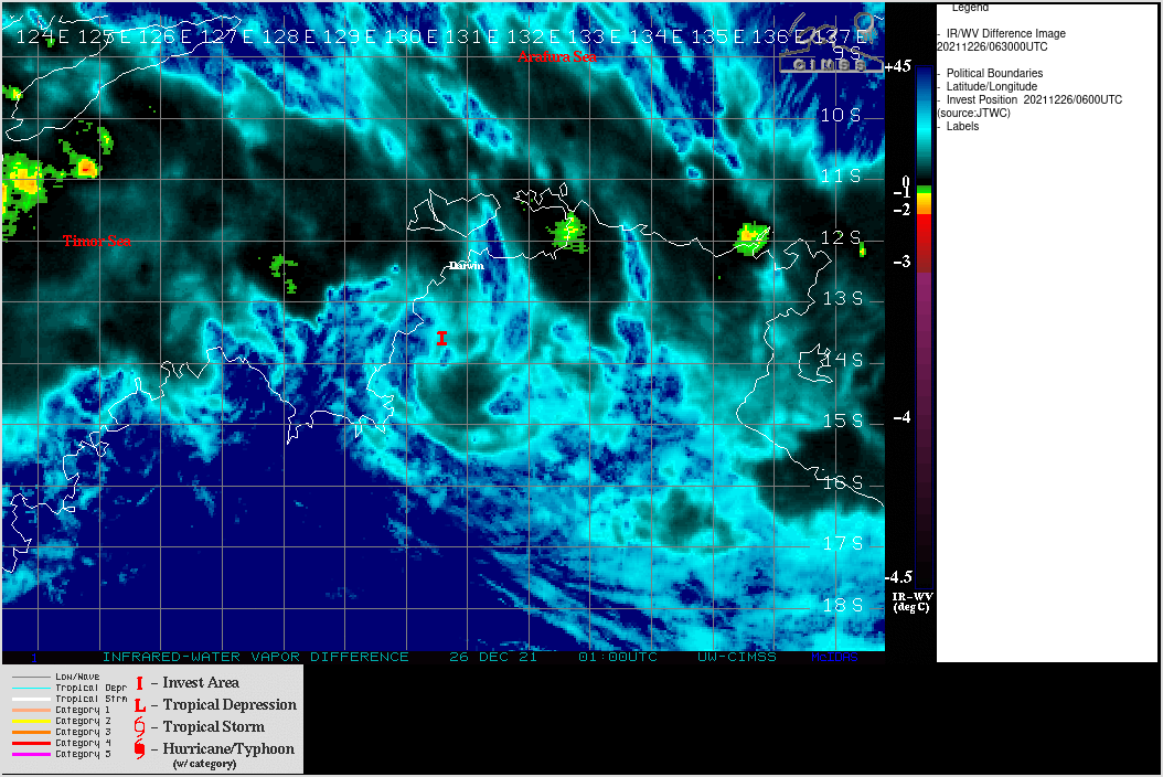 THE AREA OF CONVECTION (INVEST 97S) PREVIOUSLY LOCATED  NEAR 11.5S 130.5E IS NOW LOCATED NEAR 12.9S 130.4E, APPROXIMATELY 70  KM SOUTHWEST OF DARWIN, AUSTRALIA. ANIMATED ENHANCED INFRARED (EIR)  SATELLITE IMAGERY DEPICTS A BROAD AREA OF SOMEWHAT ORGANIZED  CONVECTION ROTATING AROUND AN ASSESSED LOW LEVEL CIRCULATION CENTER  (LLCC). RADAR ANALYSIS INDICATES THAT INVEST 97S HAS MADE LANDFALL  ALONG THE WESTERN SHORE OF THE TOP END REGION OF AUSTRALIA. ALBEIT  OVER LAND, JTWC HAS DOWNGRADED THE INVEST TO A LOW. GLOBAL MODELS  AGREE THAT THE VORTEX WILL TRACK TO THE EAST-SOUTHEAST WITH THE  SLIGHT POSSIBILITY OF RE-INTENSIFICATION OVER THE GULF OF  CARPENTARIA IN APPROXIMATELY 48-72 HOURS. MAXIMUM SUSTAINED SURFACE  WINDS ARE ESTIMATED AT 25 TO 30 KNOTS. MINIMUM SEA LEVEL PRESSURE IS  ESTIMATED TO BE NEAR 998 MB. THE POTENTIAL FOR THE DEVELOPMENT OF A  SIGNIFICANT TROPICAL CYCLONE WITHIN THE NEXT 24 HOURS IS DOWNGRADED  TO LOW.
